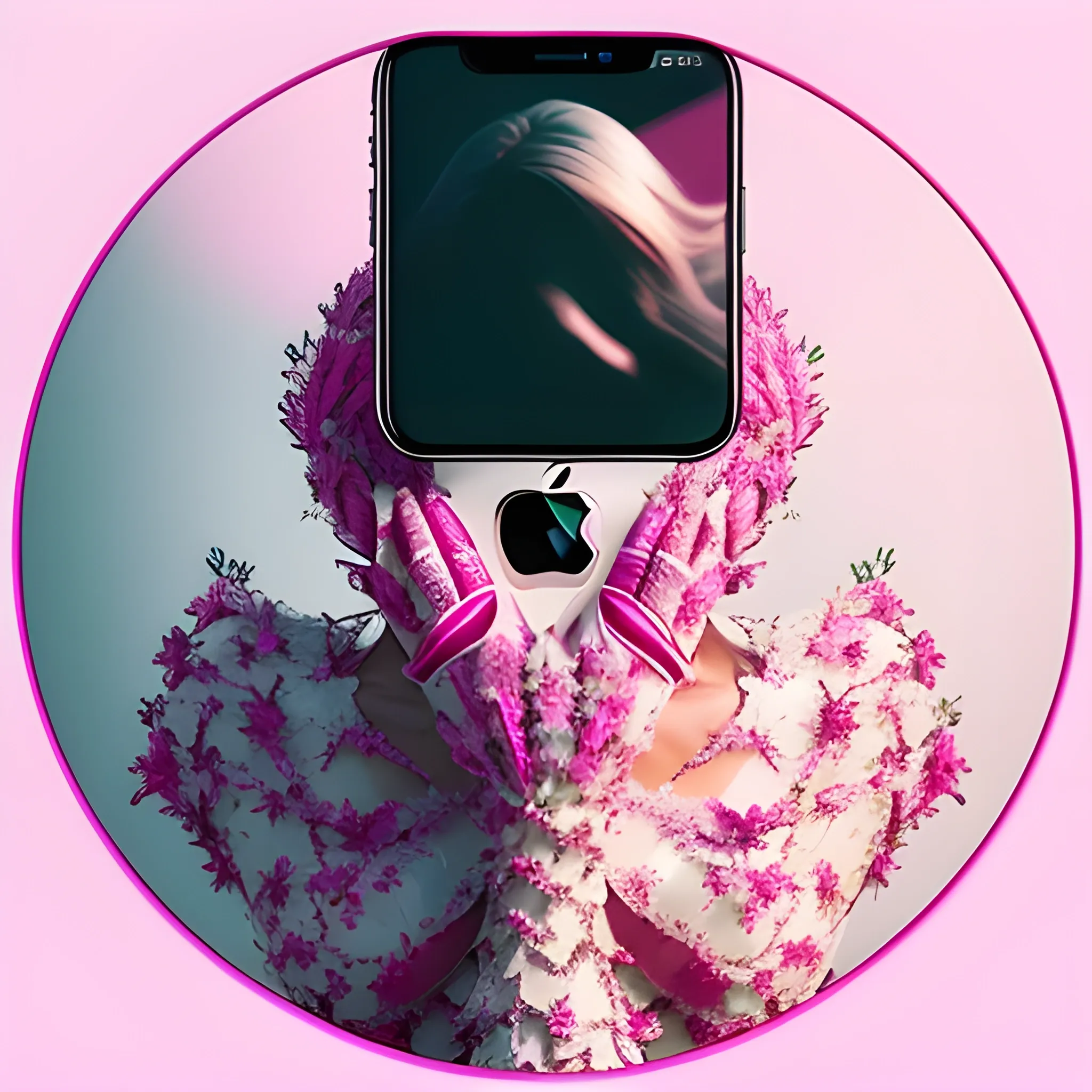 Instagram Reel played on a flying, revolving iPhone surrounded by a swarm of likes, comments, shares, and cash. Feature the provided girl's image prominently in the Reel. Use a predominantly pink color palette with 8K high-resolution, wide-angle, rule of thirds composition, and vertical aspect ratio. Deliver a highly detailed and polished execution.
