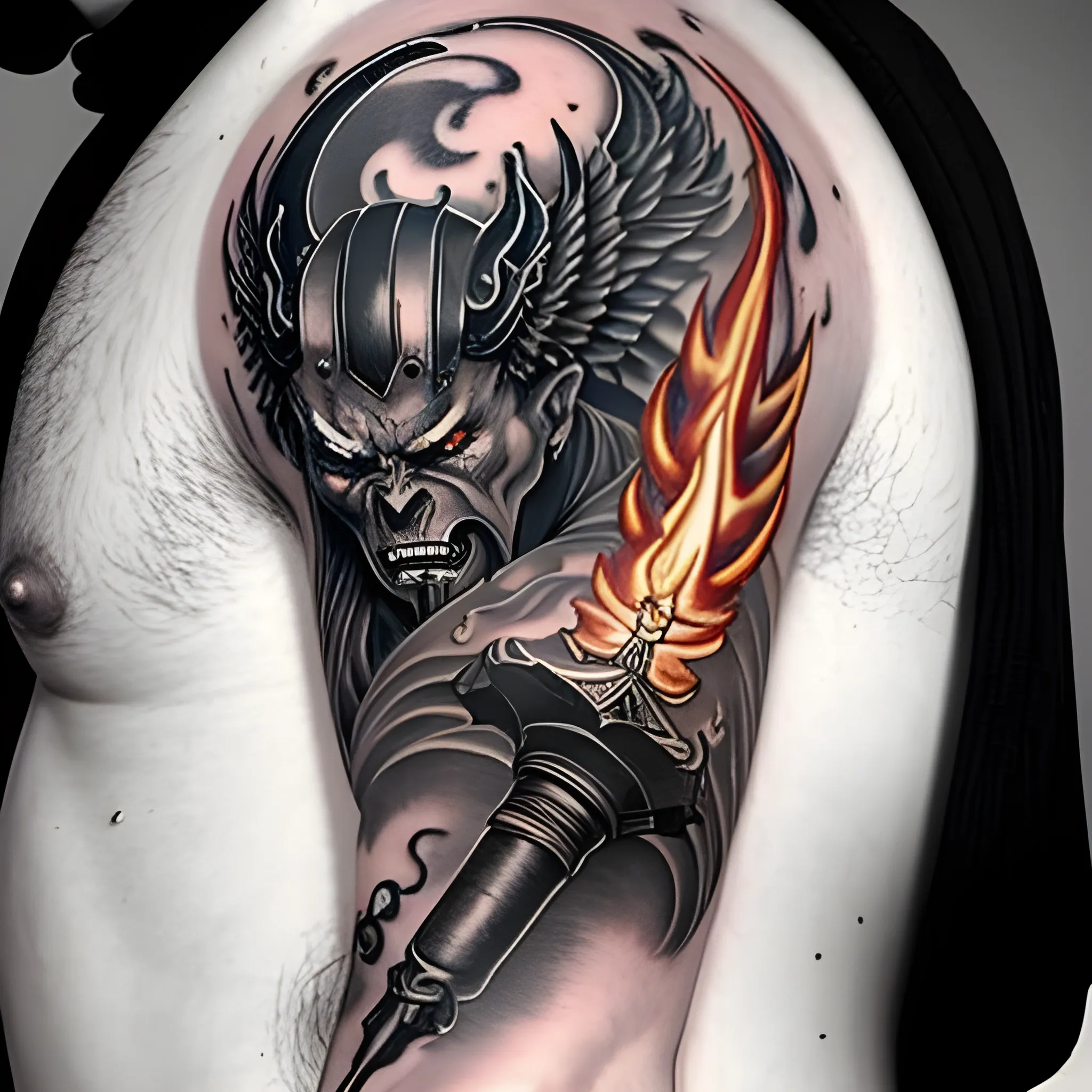 tattoo desgin upper arm blood letter demon with flaming sword

