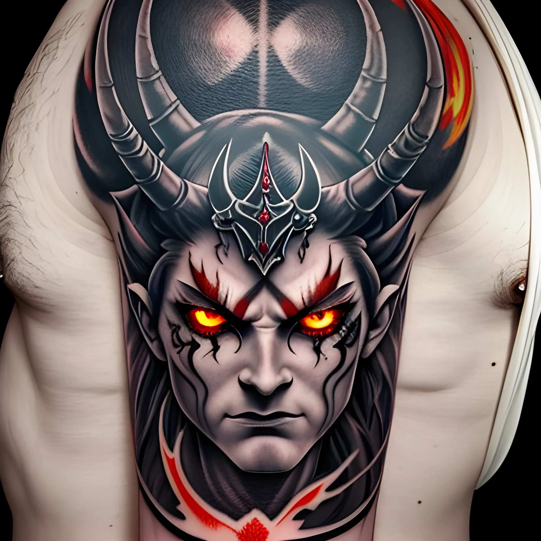 tattoo desgin upper arm  demon prince with horns  flaming sword and fire red eyes

