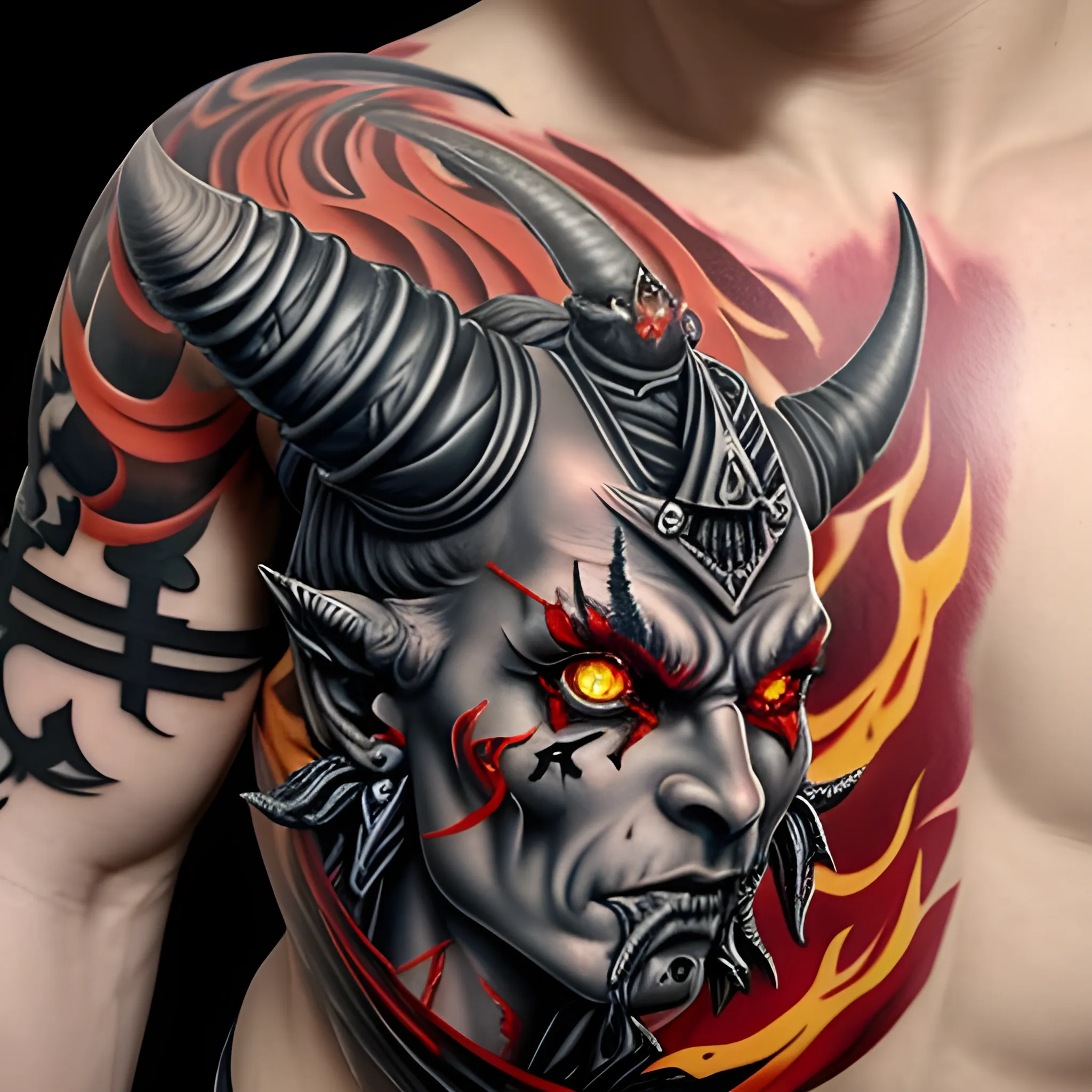 tattoo desgin upper arm  demon prince warhammer 40k with horns  flaming sword and fire red eyes

