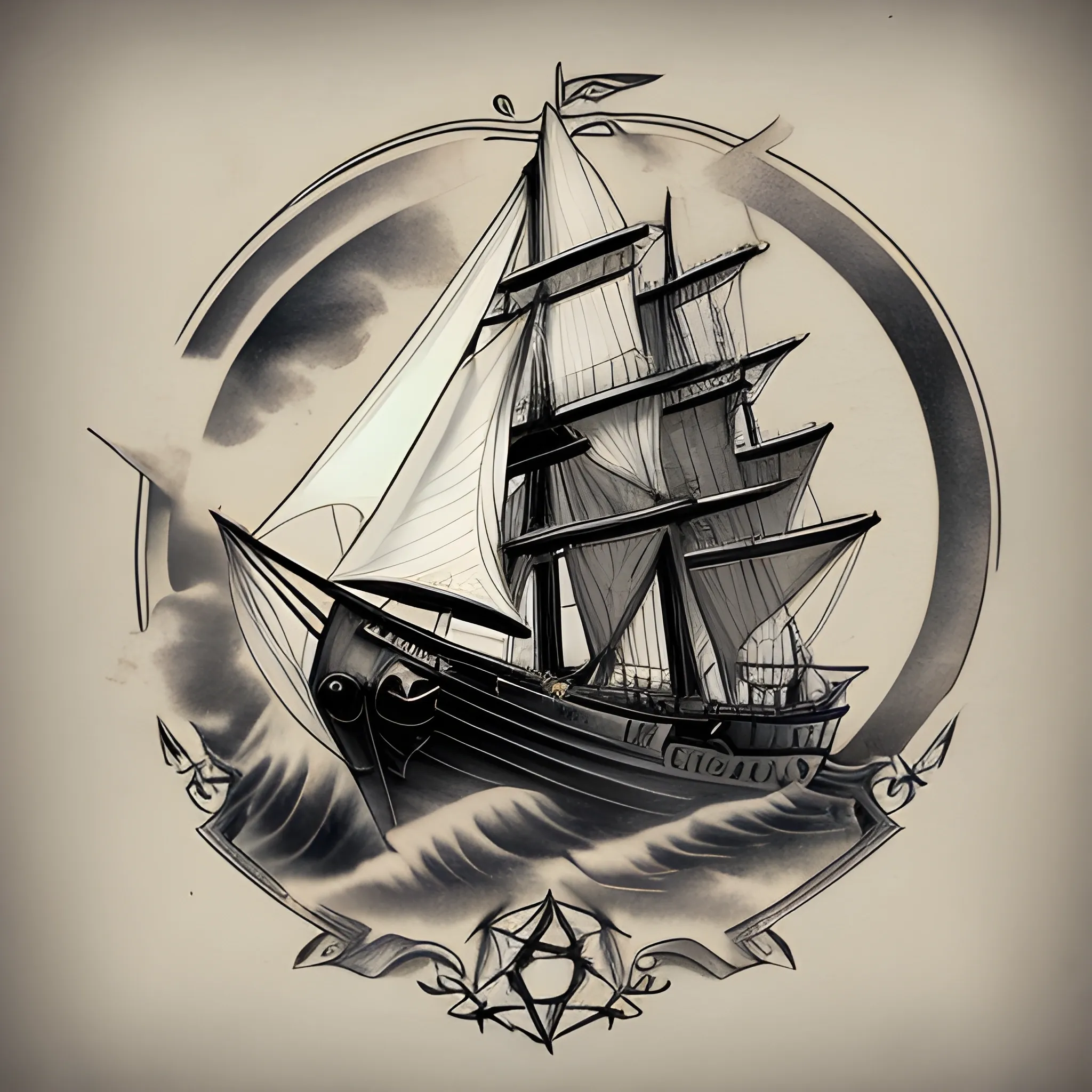 tattoo design arm square rigged ship in the fog


