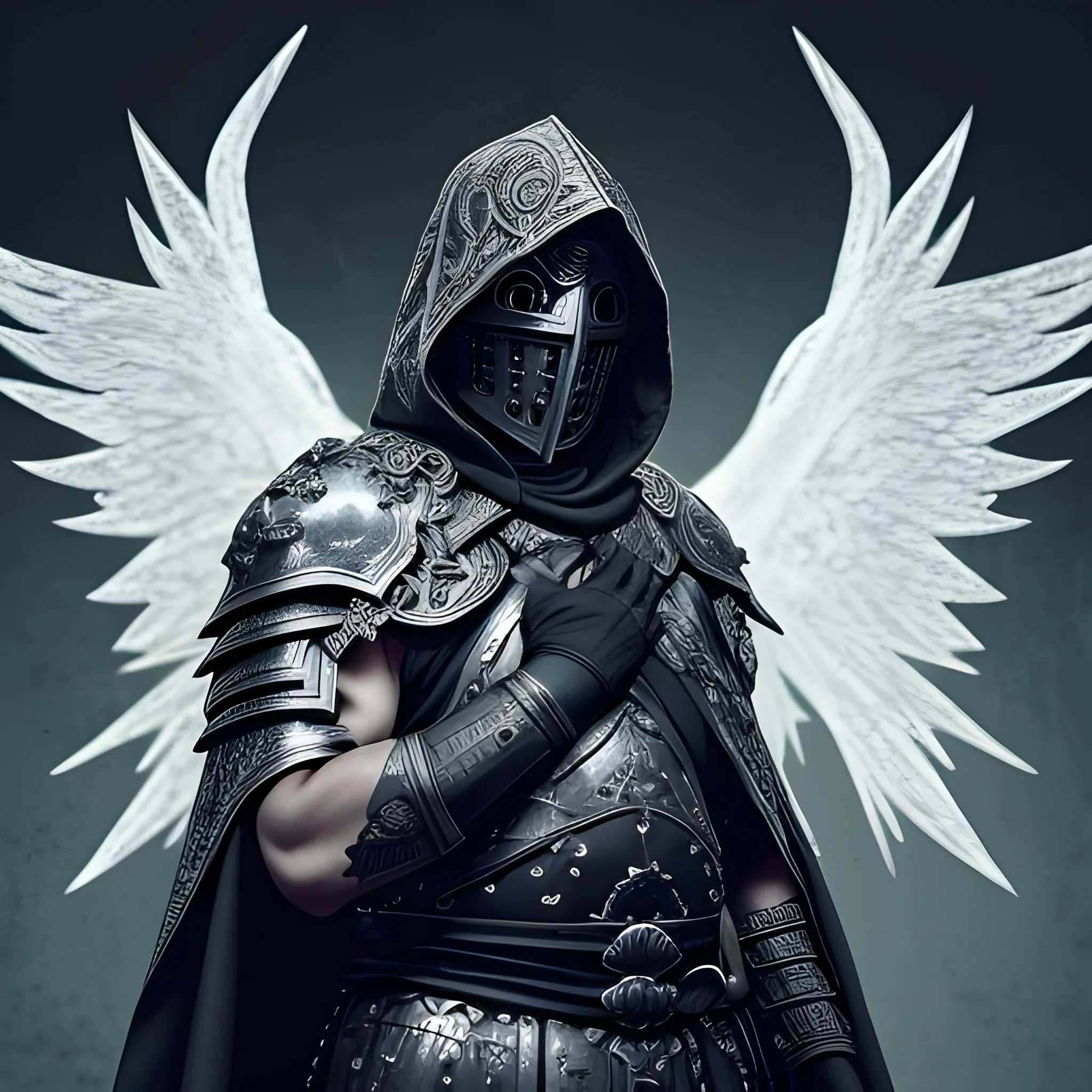 Create a realistic detailed and intricate image of a scourge aasimar paladin wearing a hooded cloak and a heavy metal tattoo like mask that covers his face carrying a heavy battle armour with divine battleaxe in right hand as well as one-handed shield in left hand. From eyes and mouth, the soaring light shines. Hair is short white, appearance is similar to gojo satoru from jujutsu kaisen. Background is heavenly but dark and eerie.

