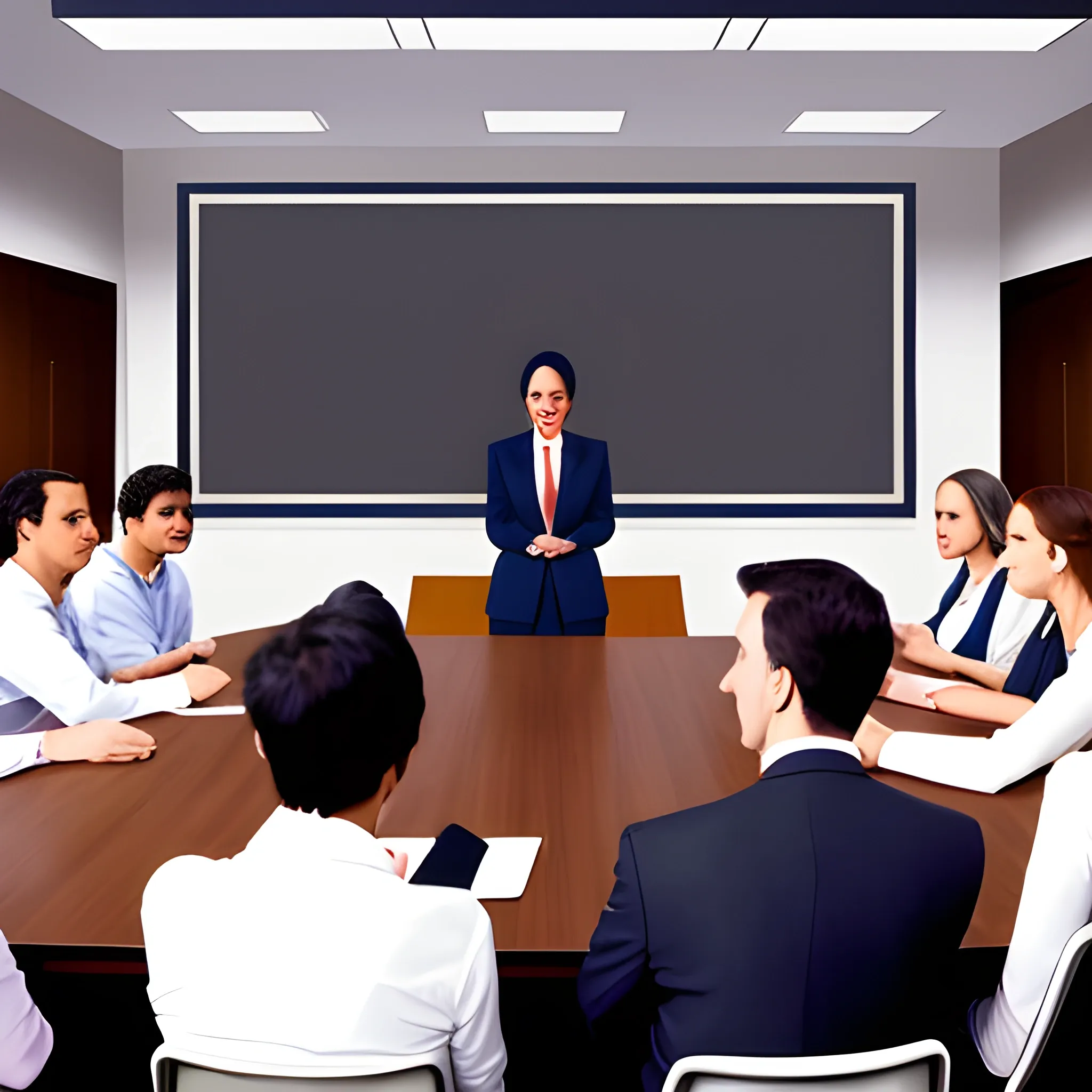 facilitating a meeting from the floor in a large board room scene, casual dress, clip art