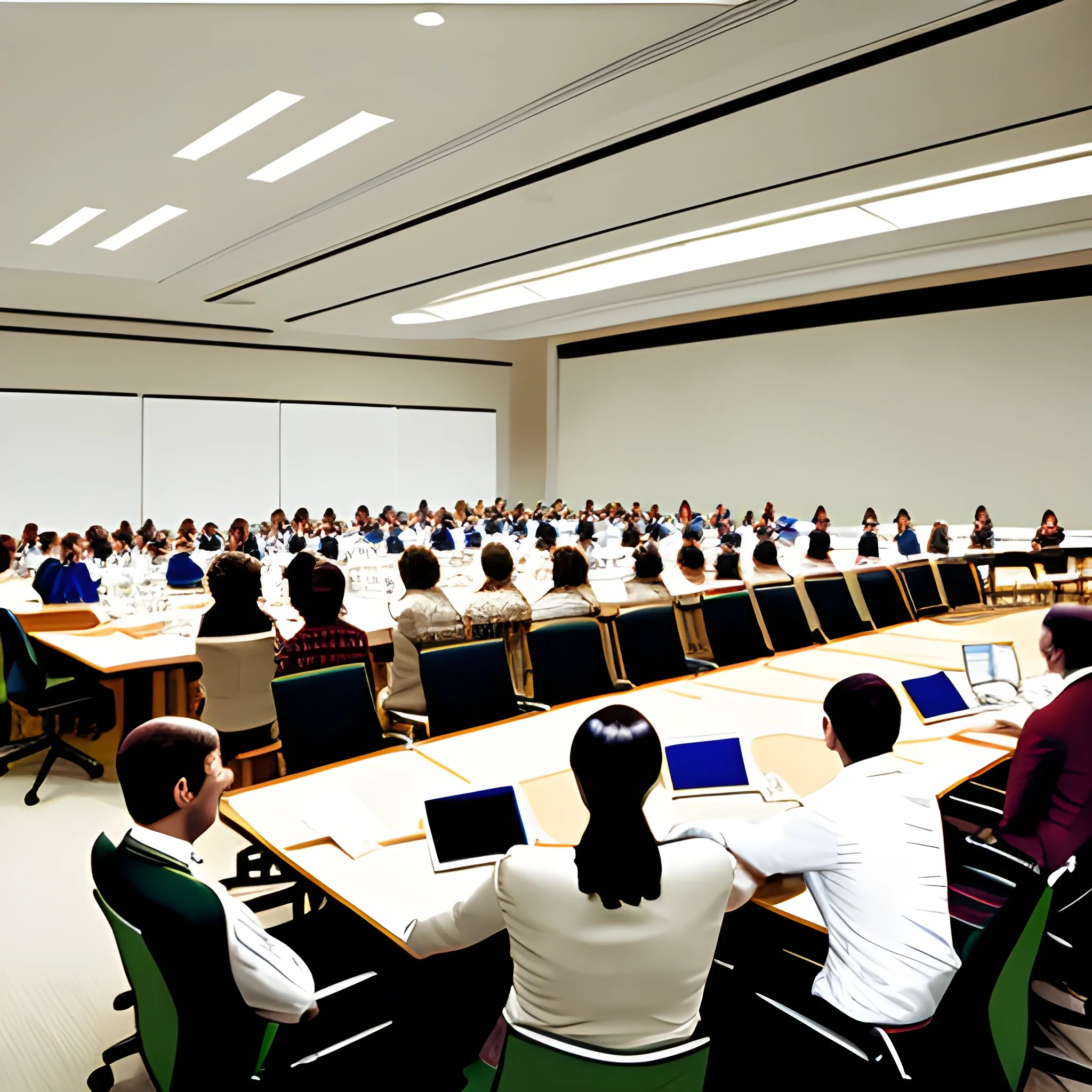 facilitating a large meeting from the floor in a large board room scene, casual dress, clip art