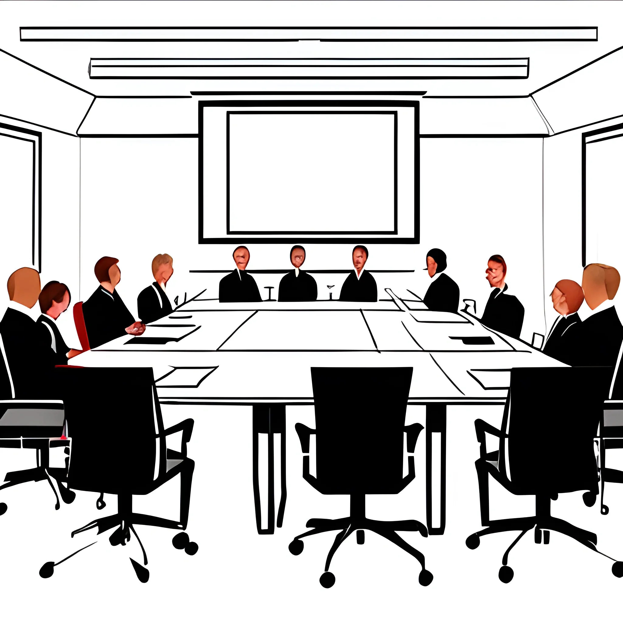 facilitating a meeting from the floor in a large board room scene, casual dress, clip art, Pencil Sketch