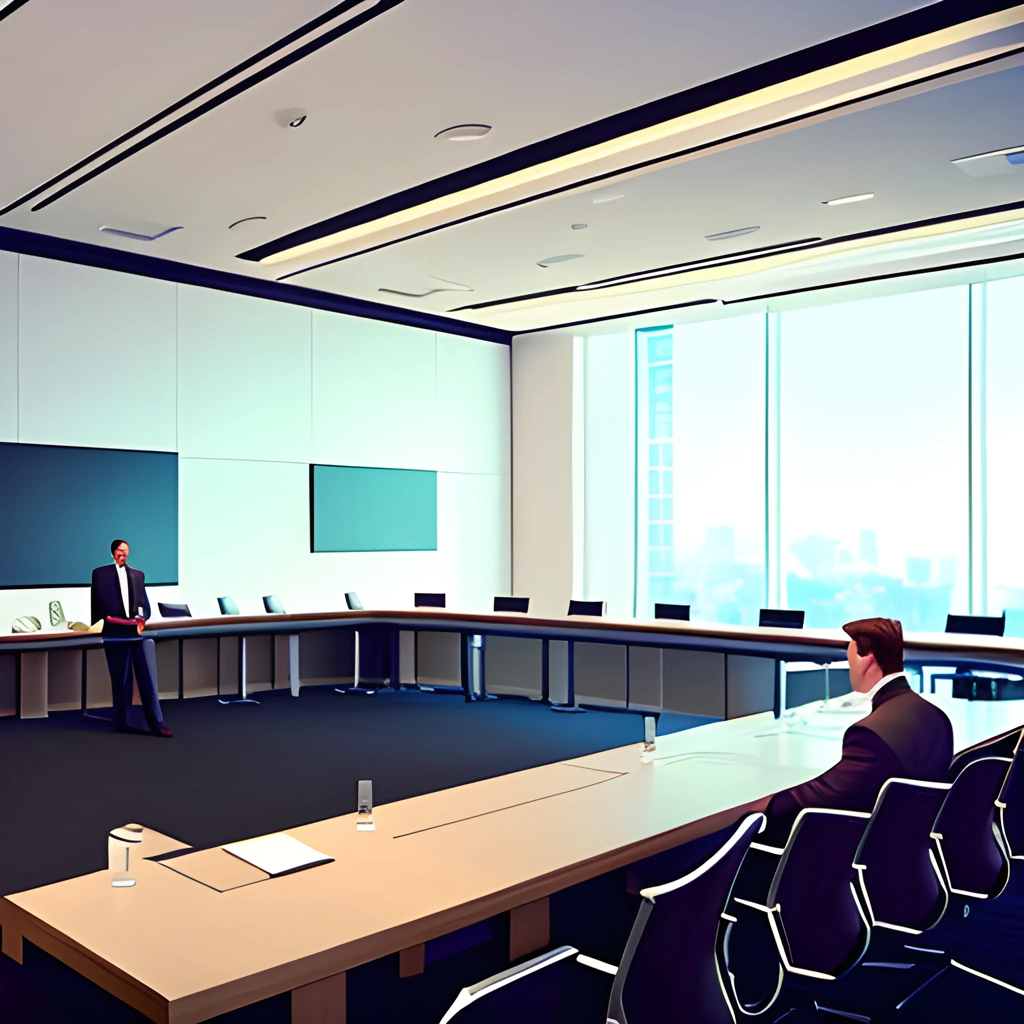 facilitating a meeting from the floor in a large board room scene, casual dress, disney pixar movie