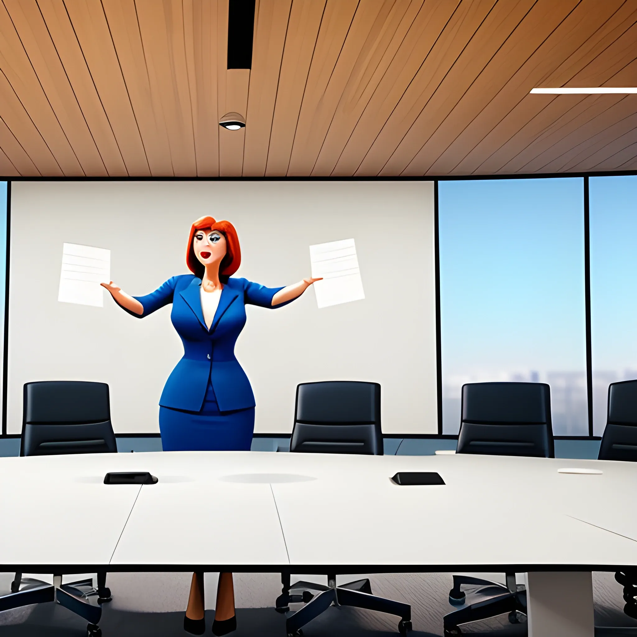facilitating a meeting from the floor in a large board room scene, casual dress, disney pixar movie