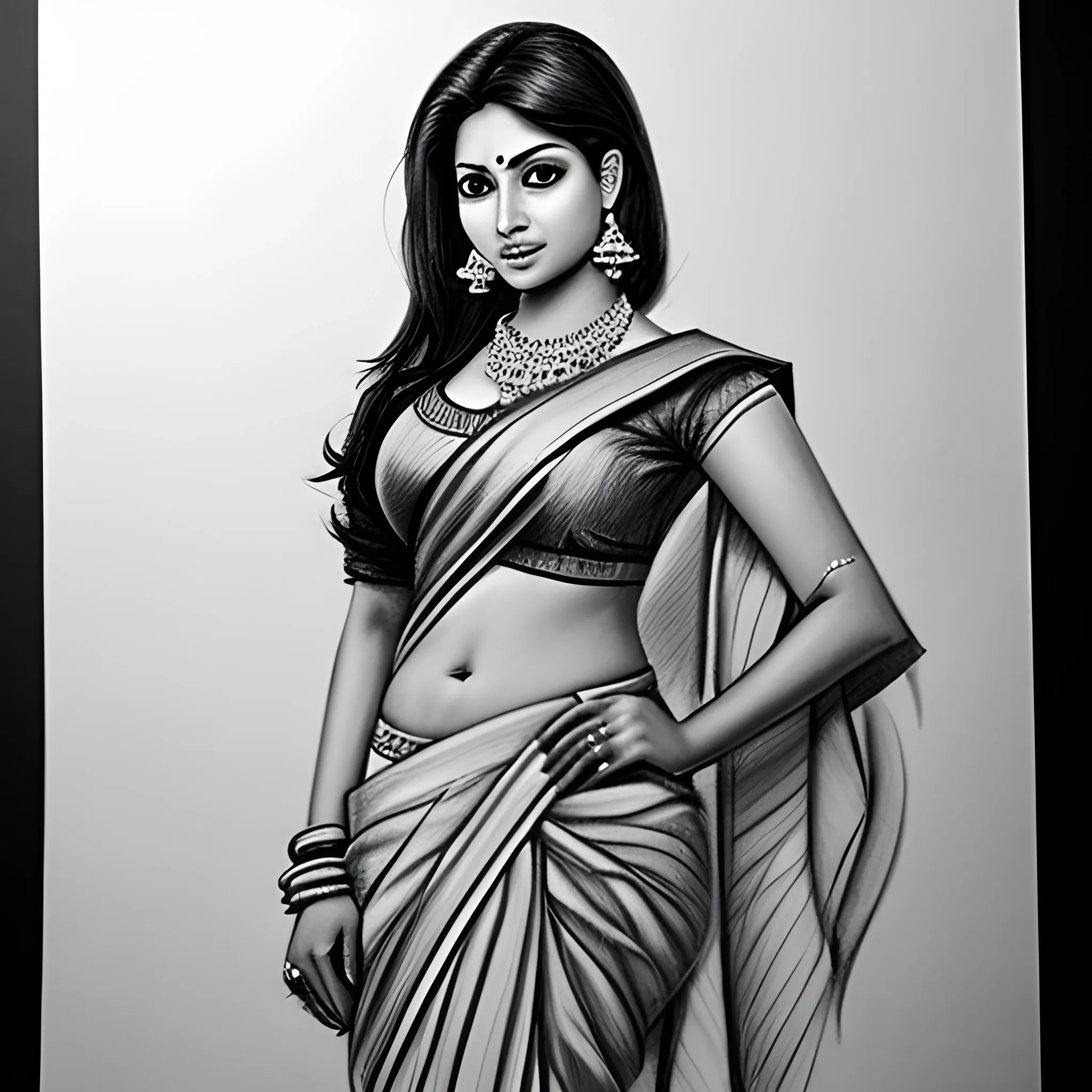 , Pencil Sketch a hot tamil women with saree, Pencil Sketch