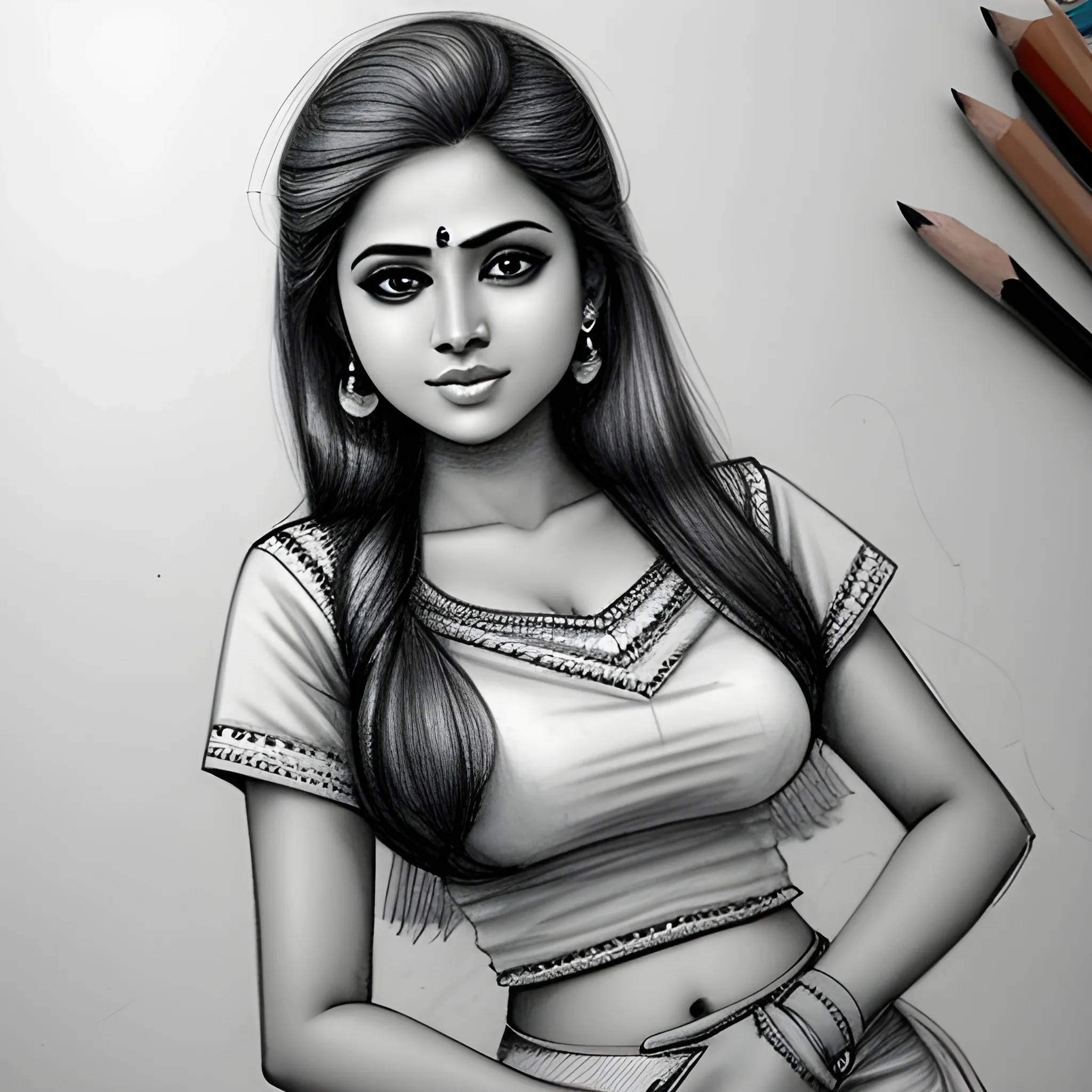 , Pencil Sketch a hot tamil women with blouse and skirt , Pencil Sketch, Pencil Sketch