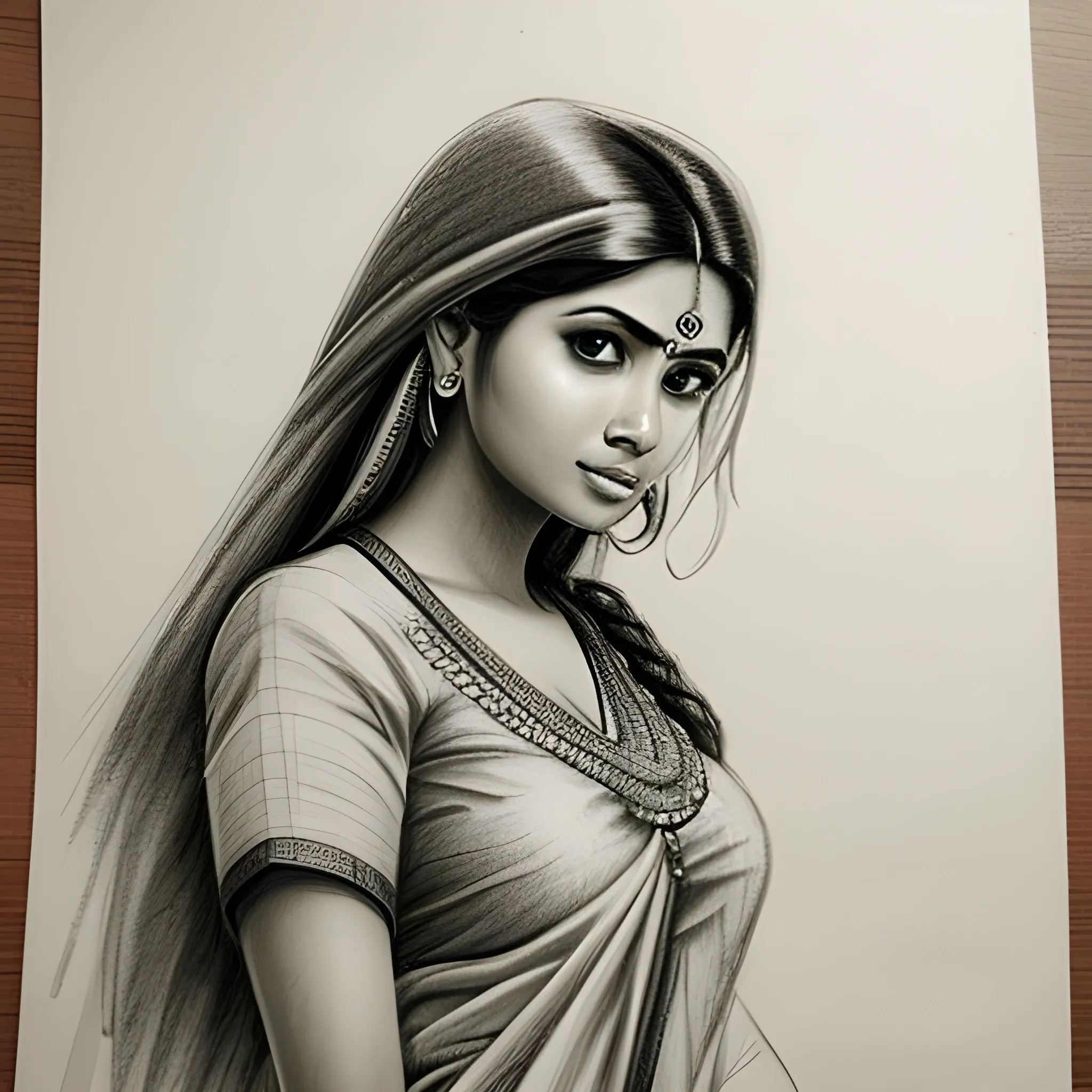 , Pencil Sketch a hot Indian women wearing blouse, Pencil Sketch