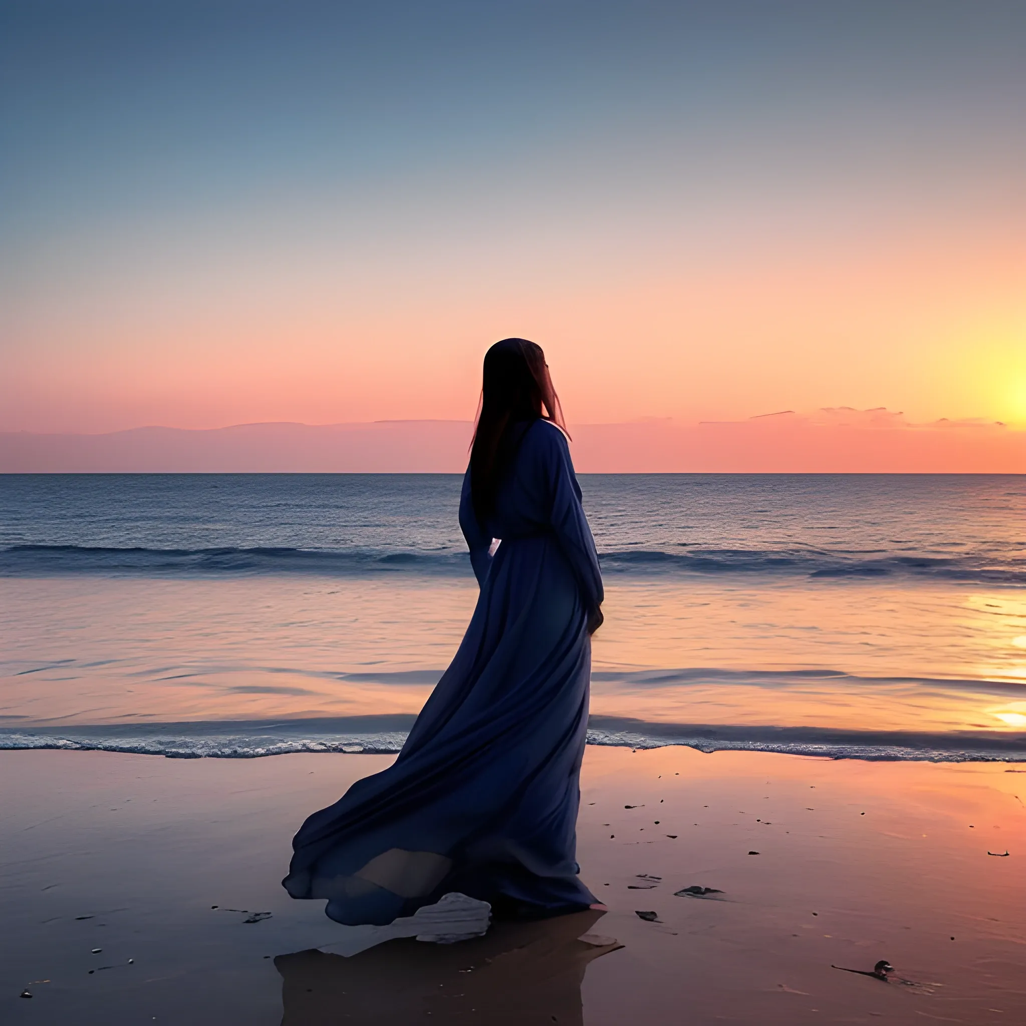 # At Dusk realistic 

By the water's edge, where the sky and sea blend in a gentle kiss, an extraordinary spectacle unfolds. The setting sun paints the world in shades of orange and pink, creating an unreal tableau.

The solitary silhouette of a person, dressed in long flowing robes, stands there, eyes fixed on the sky. She contemplates, awestruck by the beauty of the universe. Around her, lush vegetation spreads, as if it too is in communion with this magical moment.

The reflection of the sun on the water creates luminous trails, and seabirds glide above, like messengers between worlds. All is calm, all is in harmony. It is a moment suspended in time, where the boundary between reality and imagination fades.

The person, a privileged witness to this scene, feels the infinity and the smallness of her own existence. She knows that this moment will never repeat, that it is a fleeting gift from the universe. So she remains there, motionless, cradled by the sea breeze, absorbing every shade of color, every vibration of the soul.

And as the sun completes its descent,

the person knows she has witnessed a miracle, a moment when time stopped to offer her a poetic vision. She will remain there, until the stars light up the sky, until the night wraps everything in its mysterious veil.

End.

!At Dusk
