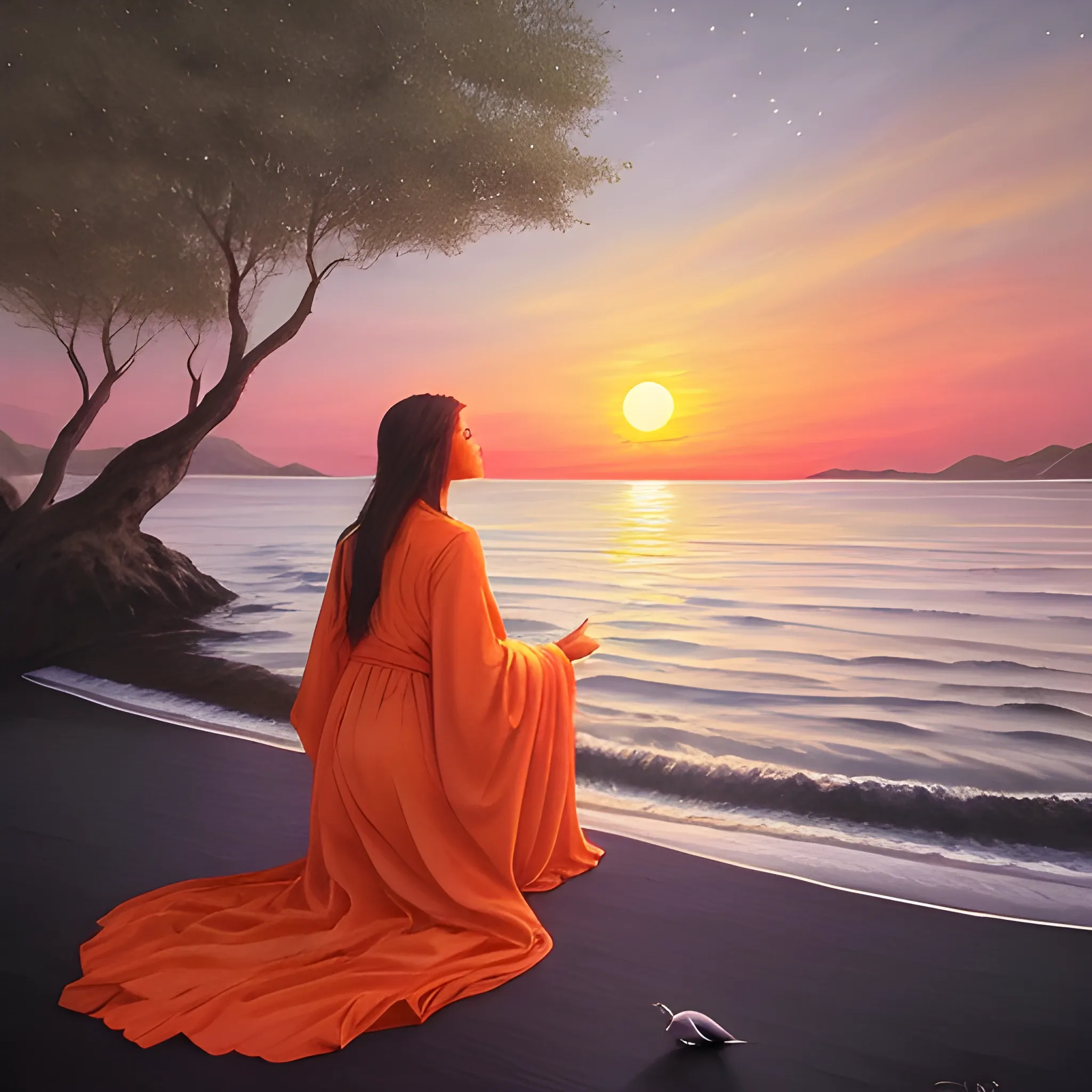 # At Dusk

By the water's edge, where the sky and sea blend in a gentle kiss, an extraordinary spectacle unfolds. The setting sun paints the world in shades of orange and pink, creating an unreal tableau.

The solitary silhouette of a person, dressed in long flowing robes, stands there, eyes fixed on the sky. She contemplates, awestruck by the beauty of the universe. Around her, lush vegetation spreads, as if it too is in communion with this magical moment.

The reflection of the sun on the water creates luminous trails, and seabirds glide above, like messengers between worlds. All is calm, all is in harmony. It is a moment suspended in time, where the boundary between reality and imagination fades.

The person, a privileged witness to this scene, feels the infinity and the smallness of her own existence. She knows that this moment will never repeat, that it is a fleeting gift from the universe. So she remains there, motionless, cradled by the sea breeze, absorbing every shade of color, every vibration of the soul.

And as the sun completes its descent,

the person knows she has witnessed a miracle, a moment when time stopped to offer her a poetic vision. She will remain there, until the stars light up the sky, until the night wraps everything in its mysterious veil.

End.

!At Dusk
, Oil Painting, 3D, Pencil Sketch