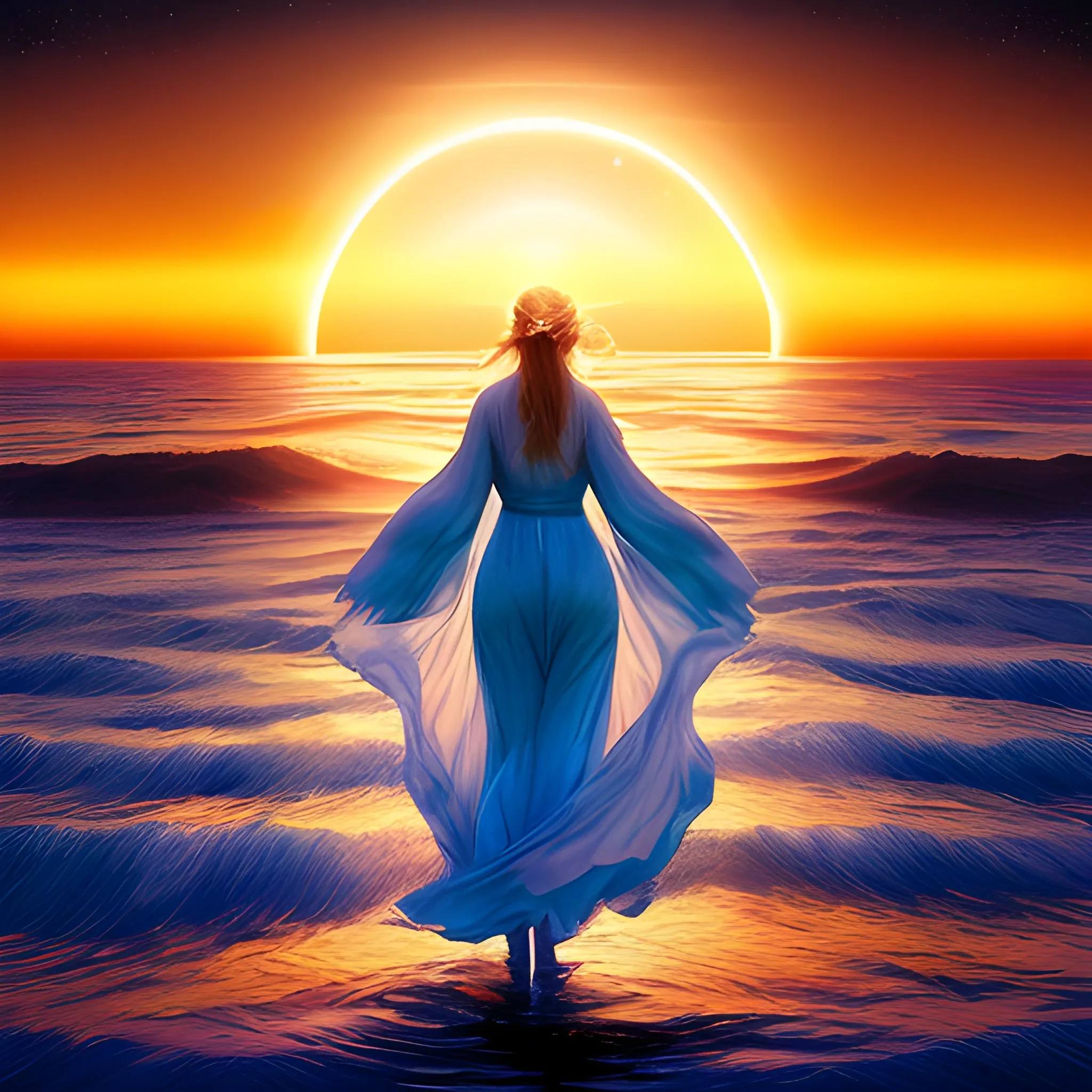 # Celestial Twilight

At the water's edge, where the sky and sea embrace in a tender kiss, an otherworldly spectacle unfolds. The sun, its fiery orb descending, aligns perfectly with a colossal planet on the distant horizon. The hues of orange and rose blend seamlessly, casting an ethereal glow upon the tranquil expanse of water.

A solitary figure stands there, draped in flowing robes that ripple like the fabric of dreams. Their eyes, wide with wonder, fixate on the celestial alignment above. Around them, lush vegetation flourishes, as if it, too, shares in the cosmic communion.

The sun's reflection dances upon the water, leaving shimmering trails in its wake. Seabirds soar overhead, their wings tracing patterns in the luminous air—a bridge between realms. All is hushed, harmonious. Time itself seems suspended, the boundary between reality and reverie blurred.

The witness, chosen by fate to behold this cosmic theater, feels both infinitesimal and connected to the universe's grandeur. They know this moment is fleeting, a transient gift bestowed by the cosmos. So they remain still, cradled by the salt-kissed breeze, absorbing every nuance of color, every resonance of the soul.

As the sun completes its descent, the massive planet seems to whisper ancient secrets. Is it a distant world inhabited by beings unknown, or merely a mirage—an illusion woven from light and atmosphere?

Regardless, the witness understands they've glimpsed a miracle, a frozen instant when time surrendered to reveal celestial splendor. And they'll linger there, until the stars ignite the sky, until night enfolds all in its enigmatic veil.

*Fin.*
