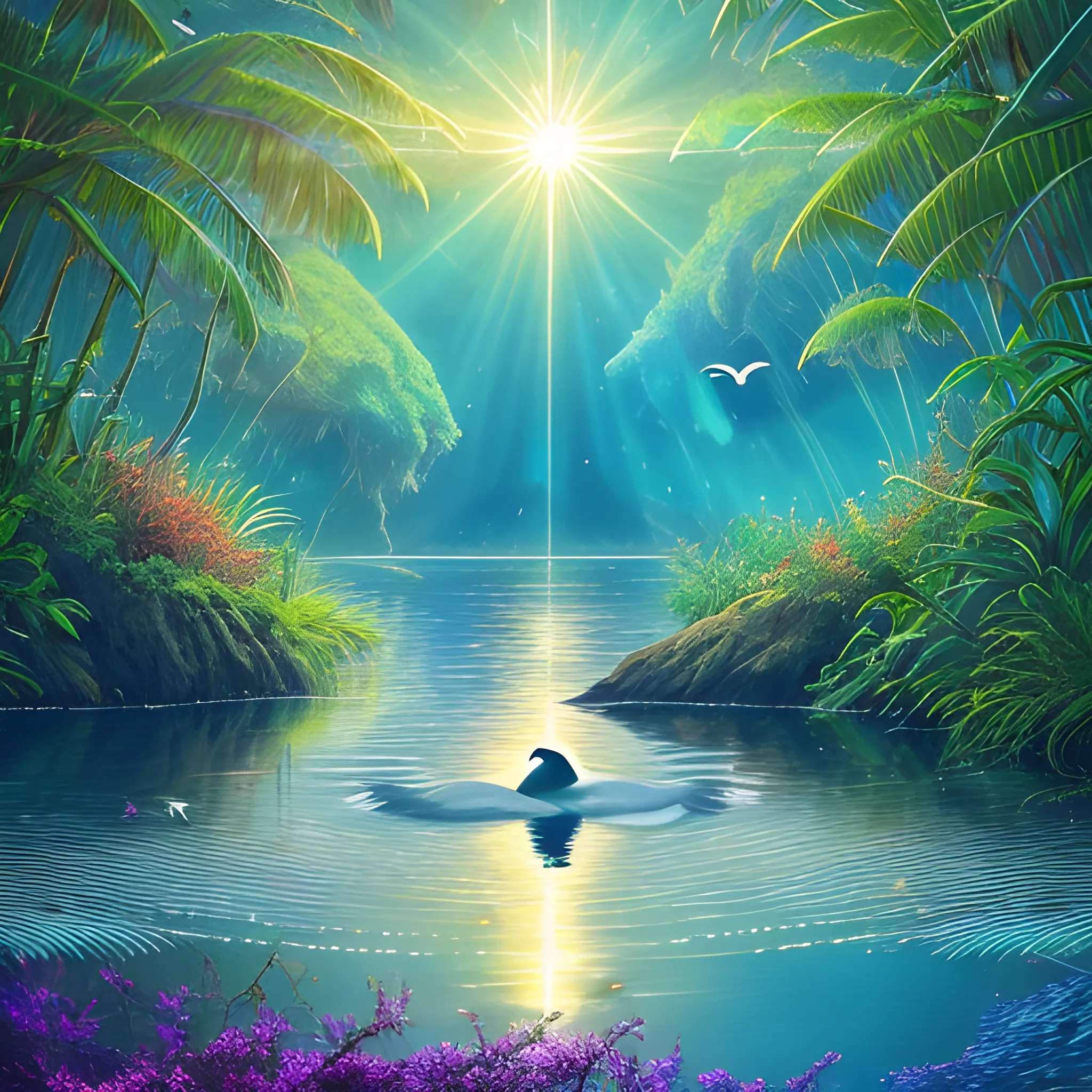 She contemplates, awestruck by the beauty of the universe. Around her, lush vegetation spreads, as if it too is in communion with this magical moment. The reflection of the sun on the water creates luminous trails, and seabirds glide above, like messengers between worlds. All is calm, all is in harmony.