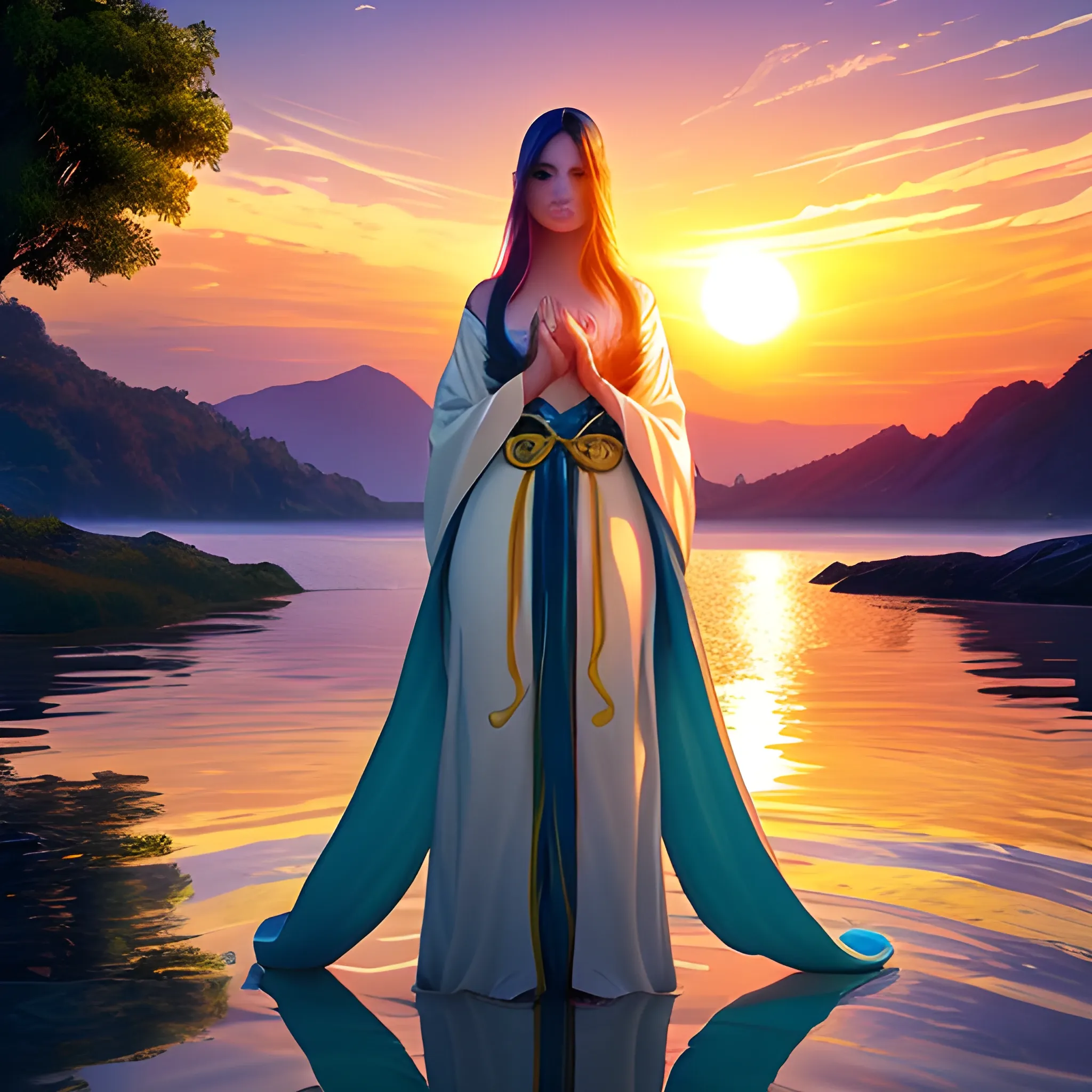 
In front of a sunset, a figure dressed in long flowing robes, hair covered, stands there, eyes riveted on the firmamen, admiring the union of a sun and a giant planet. The bright colors are reflected on the water, surrounded by lush nature. A moment of peace where time seems to stand still.


