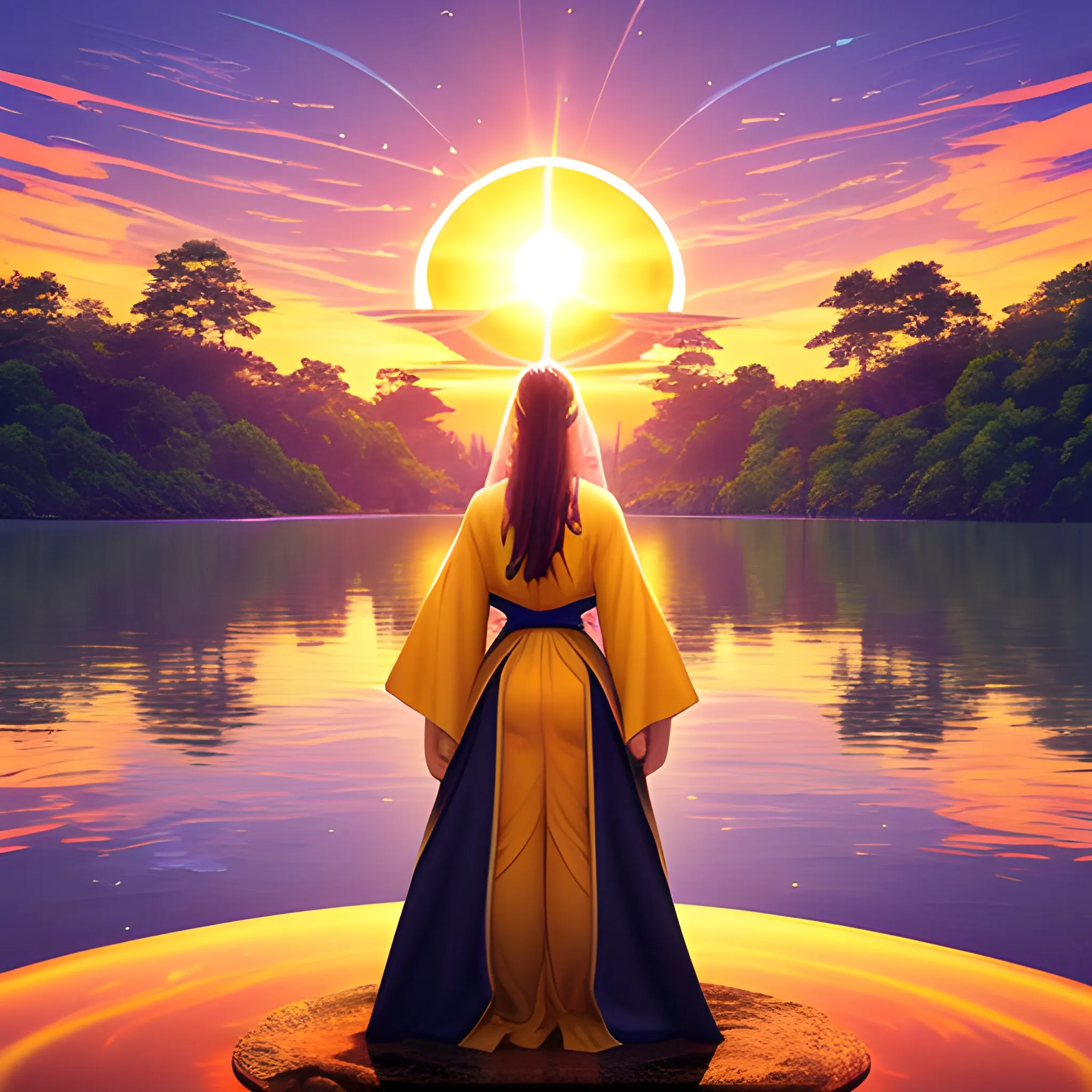 
In front of a sunset, a figure dressed in long flowing robes, hair covered, stands there, eyes riveted on the firmamen, admiring the union of a sun and a giant planet. The bright colors are reflected on the water, surrounded by lush nature. A moment of peace where time seems to stand still.


