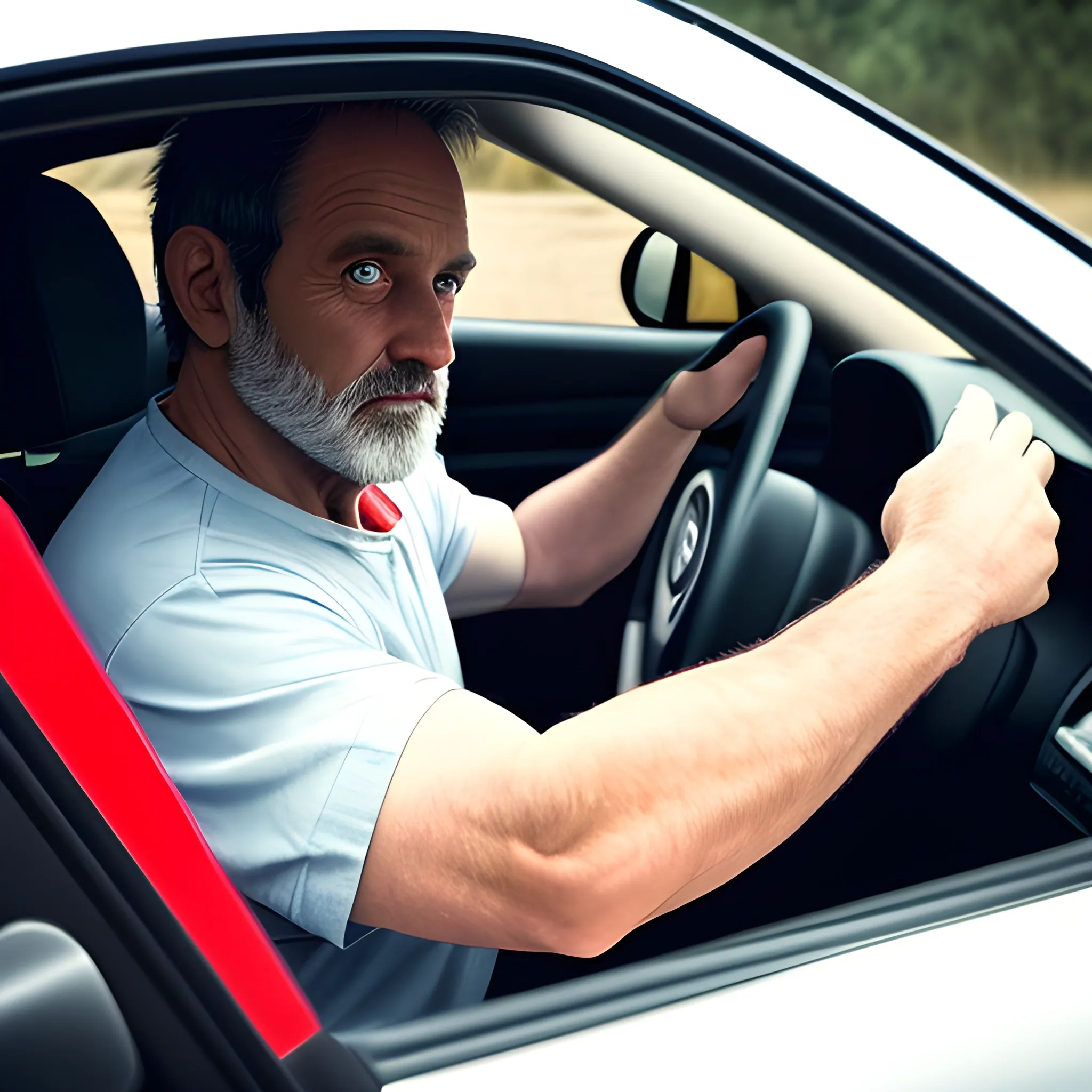 Look at the driver of the car: you can see a man of 40 years old, he drives a car, he has a box with a drawn red cross in his hands, the steering wheel of the car is wrapped in a bandage. Photo quality