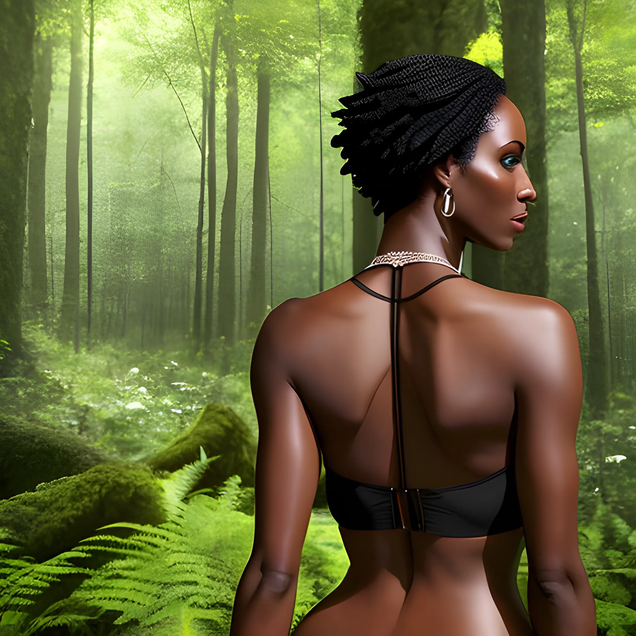 a woman in a forest with her back to the camera and a man in the background, breasts, looking_at_viewer, short_hair, multiple_girls, black_hair, 2girls, bare_shoulders, jewelry, medium_breasts, underwear, standing, panties, ass, earrings, outdoors, parted_lips, solo_focus, day, looking_back, dark_skin, from_behind, dark-skinned_female, tree, lips, crop_top, back, nature, armlet, forest, thong, realistic, bracer