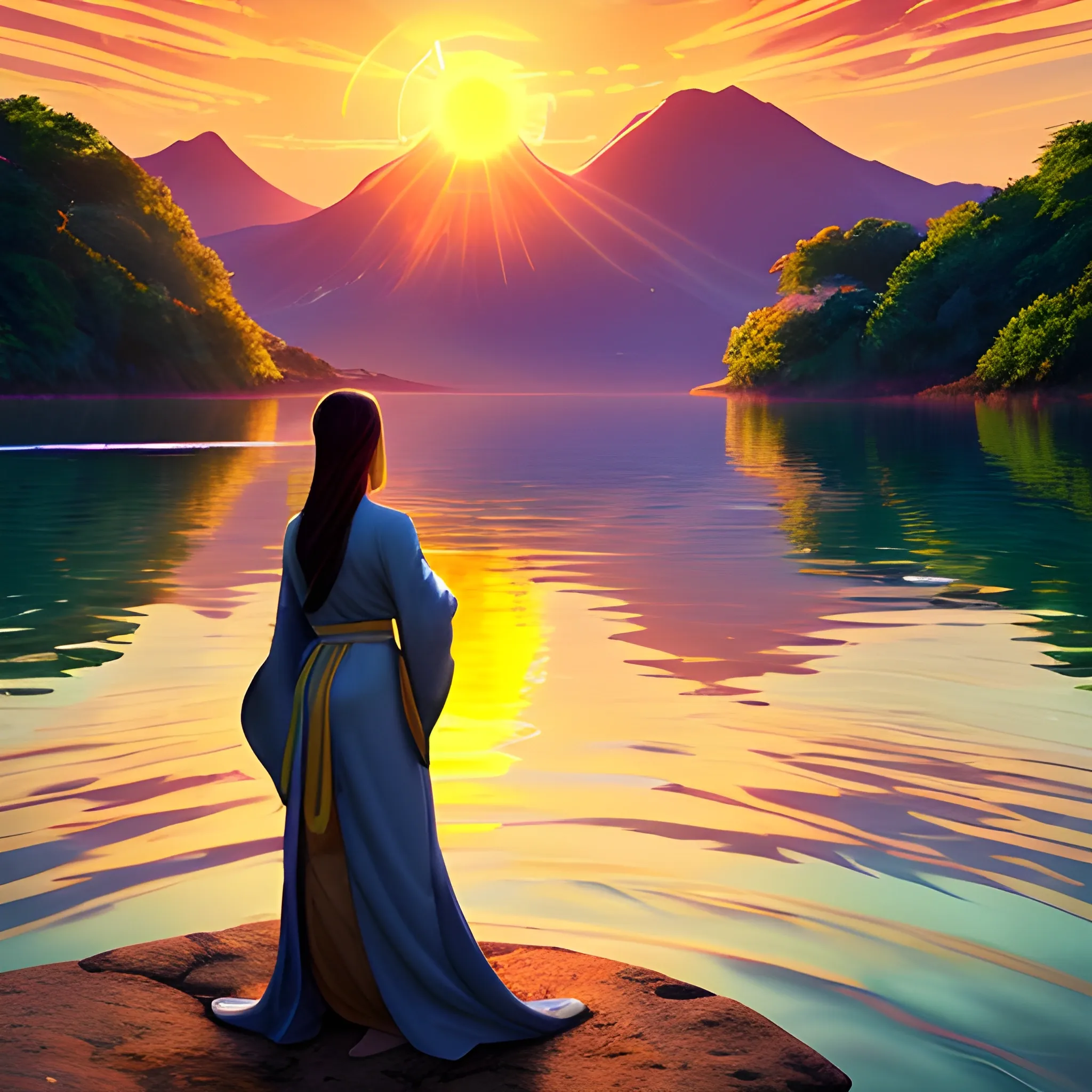 
In front of a sunset, a figure dressed in long flowing robes, hair covered, stands there, eyes riveted on the firmamen, admiring the union of a sun and a giant planet. The bright colors are reflected on the water, surrounded by lush nature. A moment of peace where time seems to stand still.


