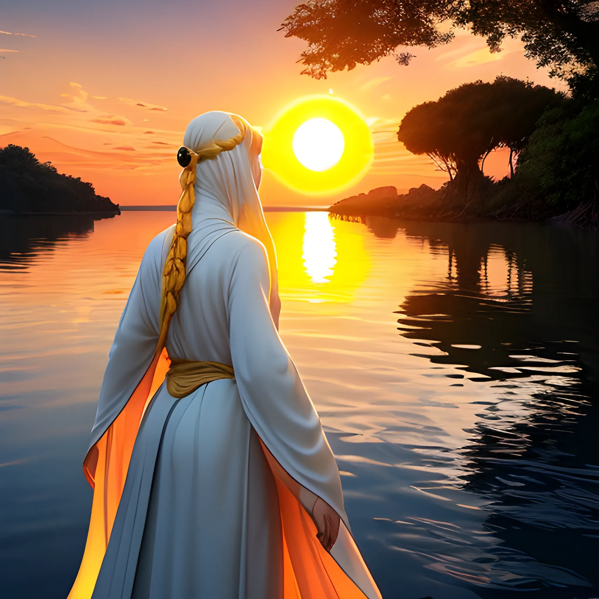 
In front of a sunset, a figure dressed in long flowing robes, hair covered, stands there, eyes riveted on the firmamen, admiring the union of a sun and a giant planet. The bright colors are reflected on the water, surrounded by lush nature. A moment of peace where time seems to stand still.


