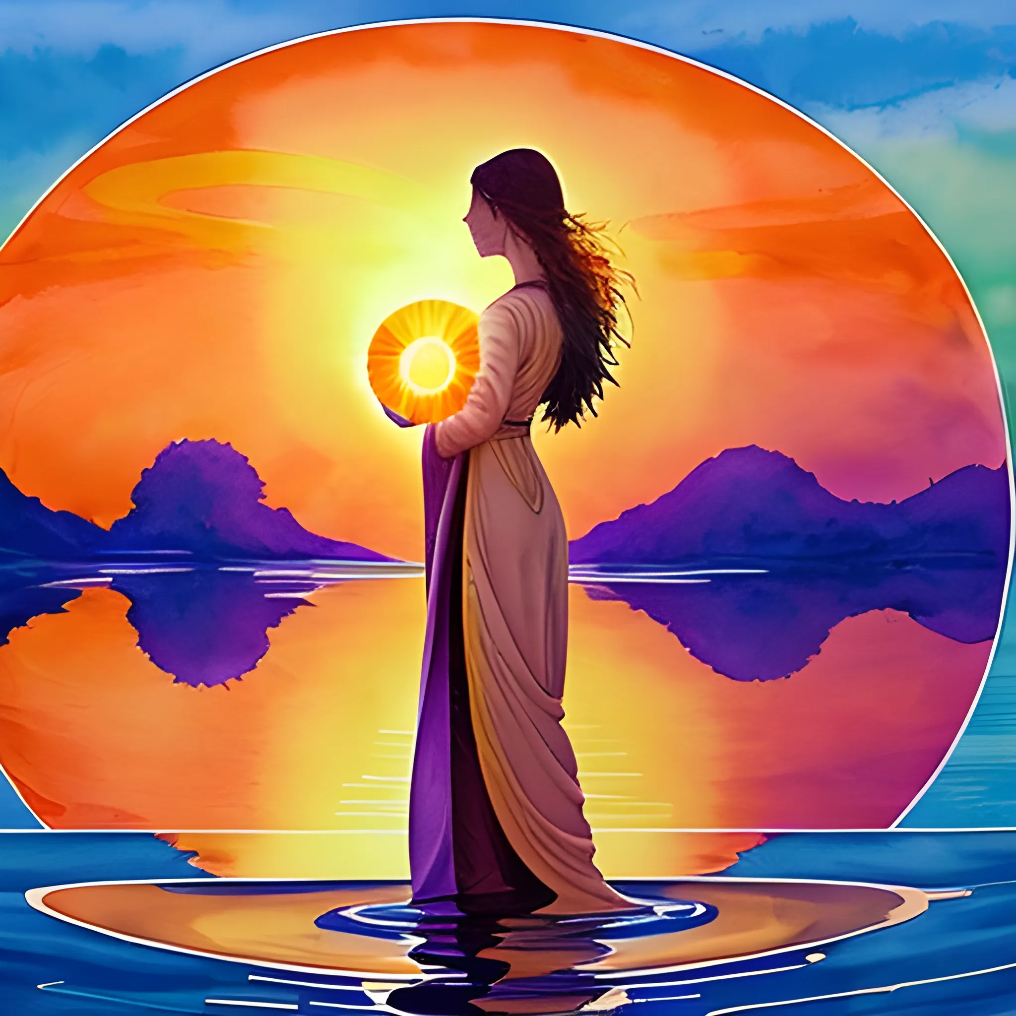 
In front of a sunset, a figure dressed in long flowing robes, hair covered, stands there, eyes riveted on the firmamen, admiring the union of a sun and a giant planet. The bright colors are reflected on the water, surrounded by lush nature. A moment of peace where time seems to stand still.


, Water Color