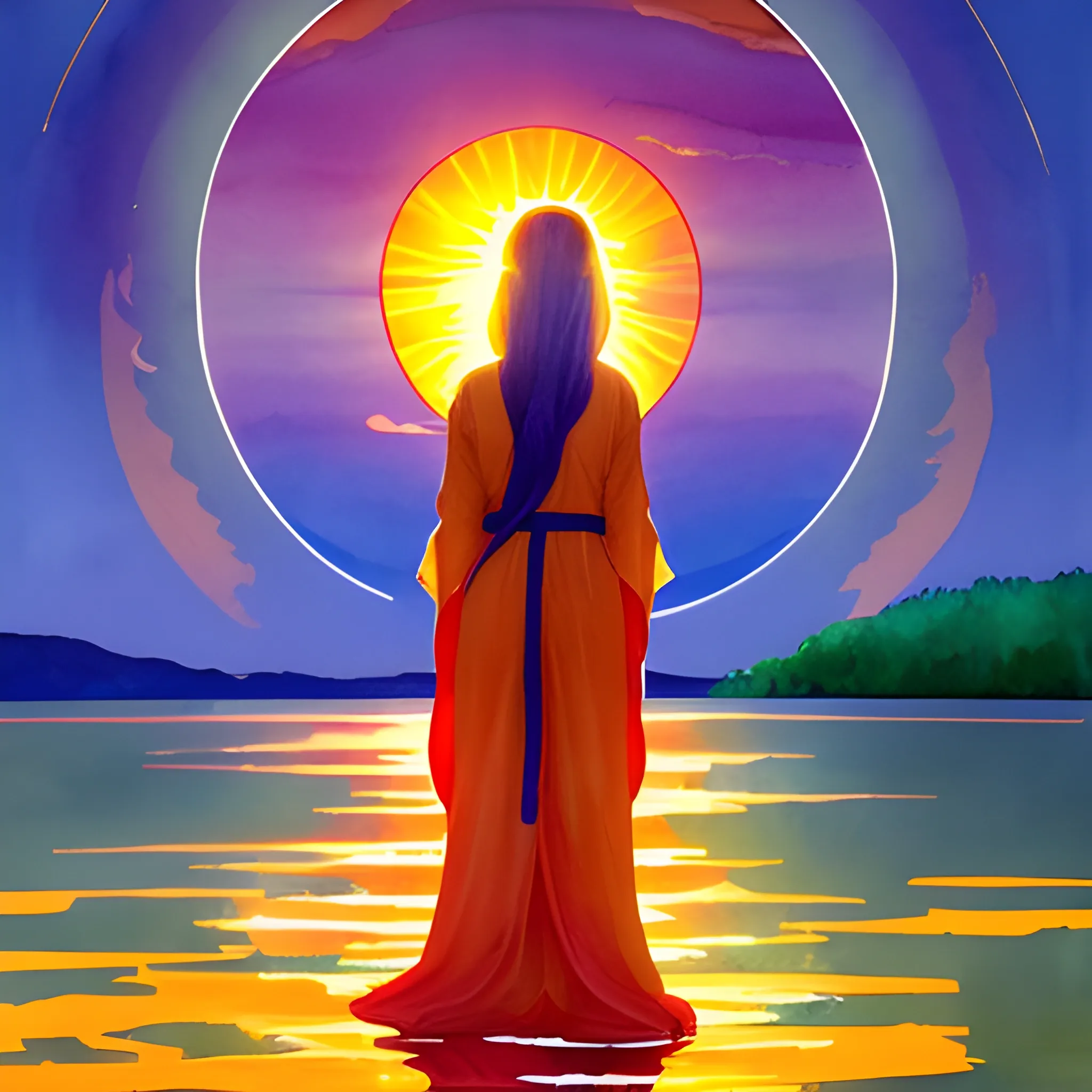 
In front of a sunset, a figure dressed in long flowing robes, hair covered, stands there, eyes riveted on the firmamen, admiring the union of a sun and a giant planet. The bright colors are reflected on the water, surrounded by lush nature. A moment of peace where time seems to stand still.


, Water Color