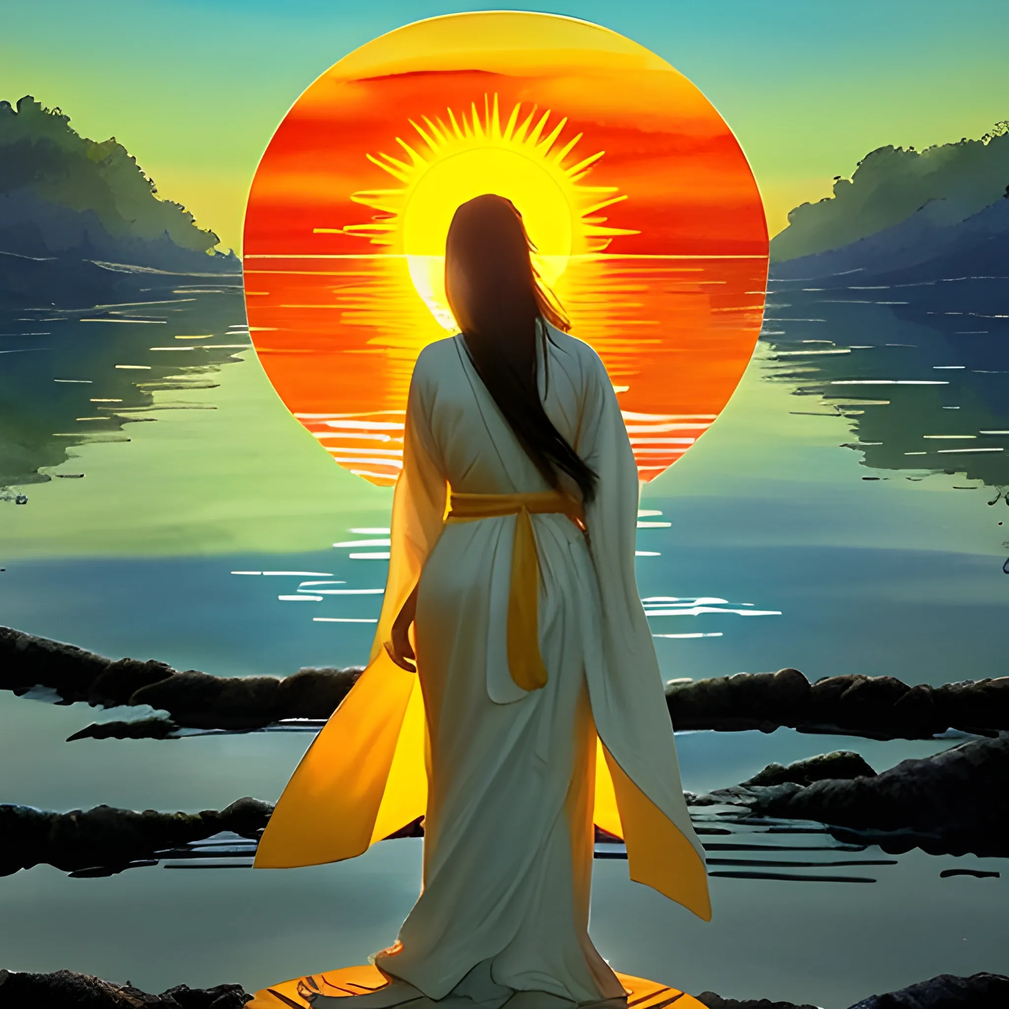 
In front of a sunset, a figure dressed in long flowing robes, hair covered, stands there, eyes riveted on the firmamen, admiring the union of a sun and a giant planet. The bright colors are reflected on the water, surrounded by lush nature. A moment of peace where time seems to stand still.


, Water Color