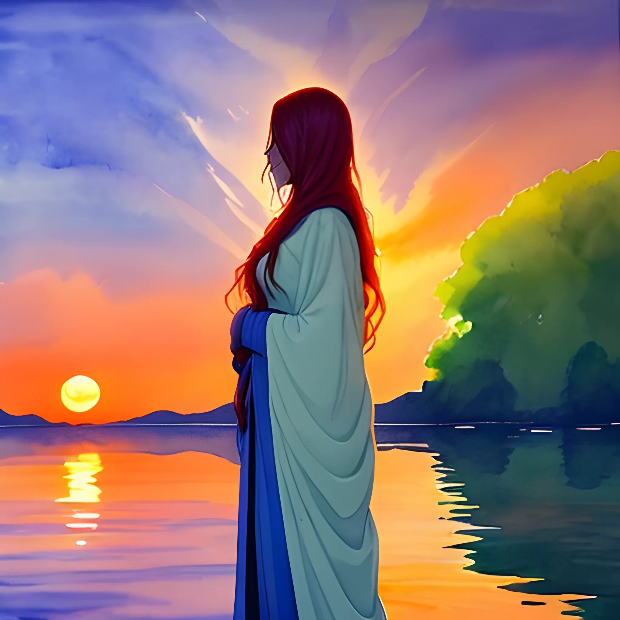 
In front of a sunset, a figure dressed in long flowing robes, hair covered, stands there, eyes riveted on the firmamen, admiring the union of a sun and a giant planet. The bright colors are reflected on the water, surrounded by lush nature. A moment of peace where time seems to stand still.


, Water Color