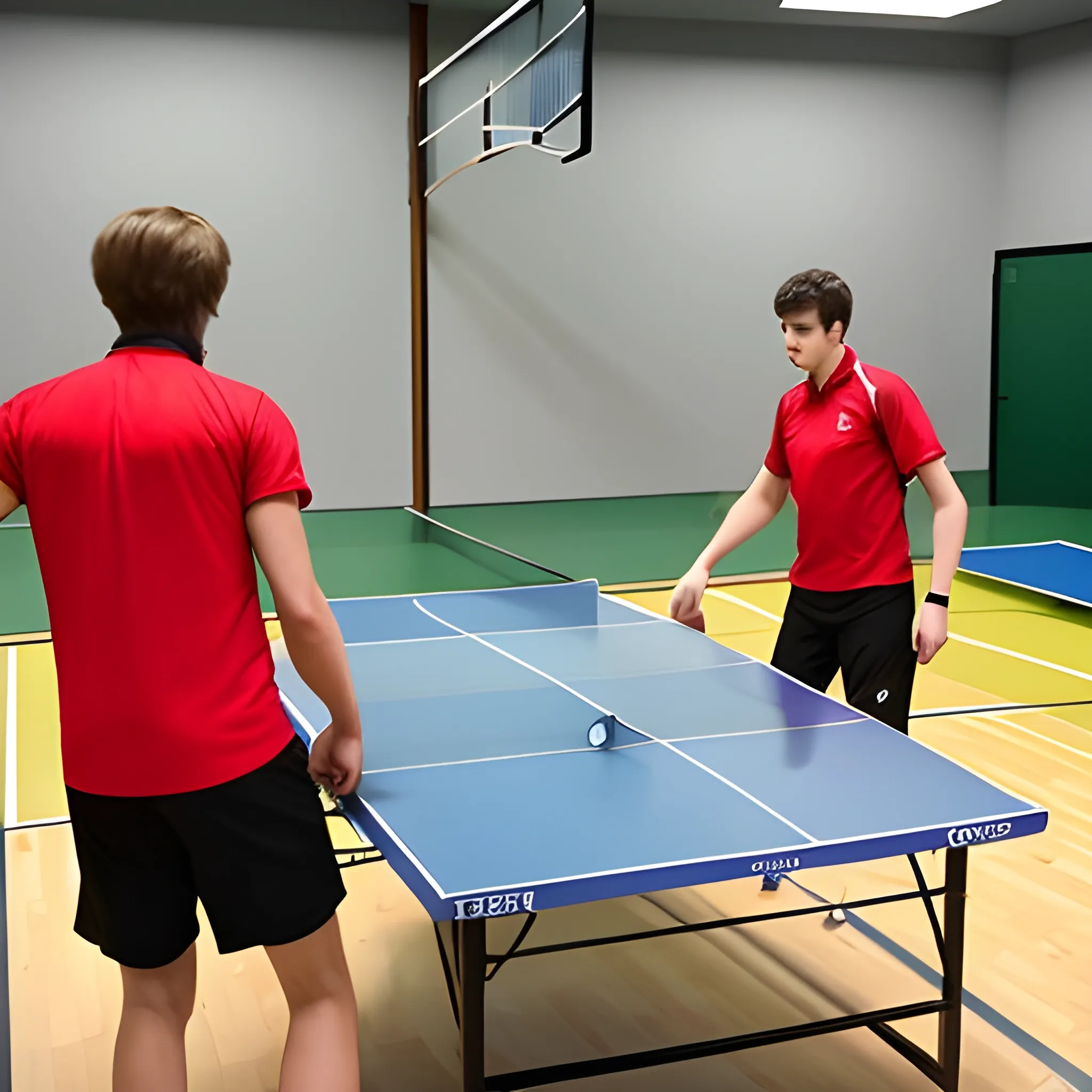  4 guys playing ping pong  and the left an referee female