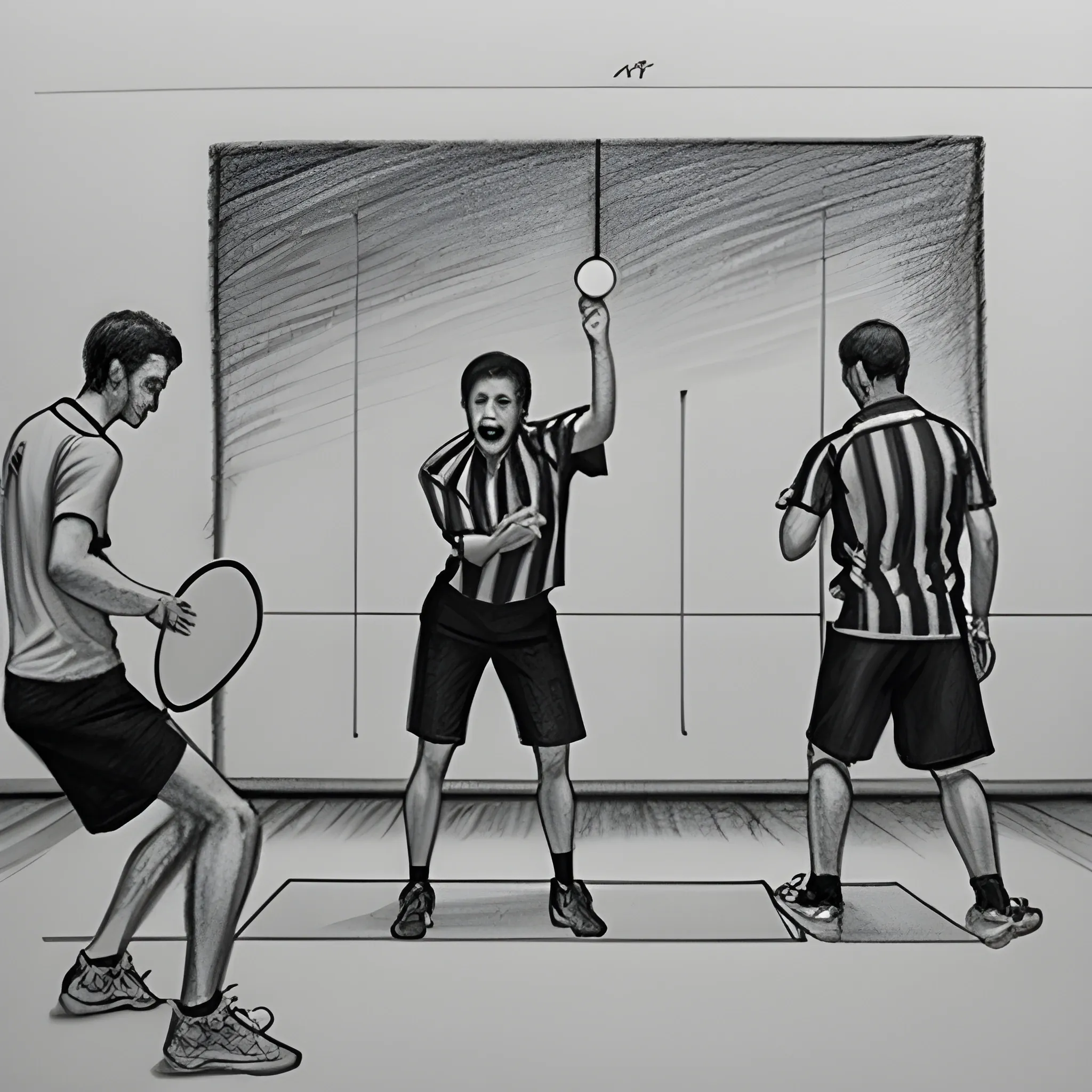 , Pencil Sketch, 4 guys playing ping pong, 1 female referee
