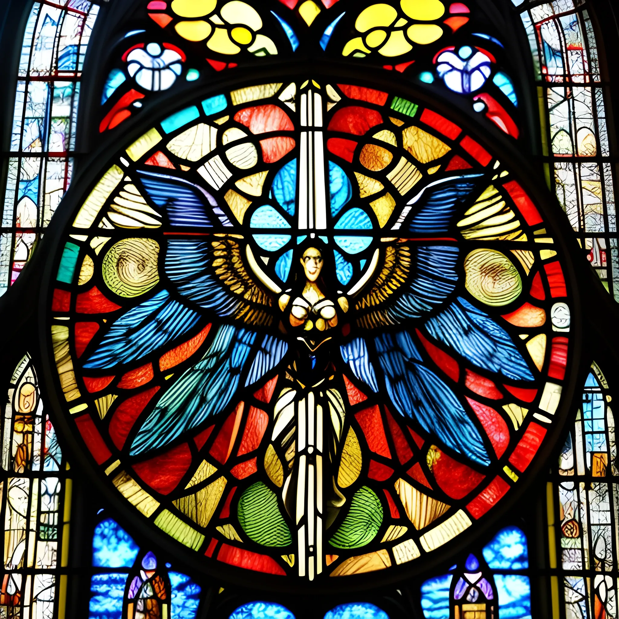 The image showcases a traditional stained glass window depicting an epic battle between an angel and a demon. The angel is portrayed with majestic, feathered wings and a halo, symbolizing purity and divinity. In contrast, the demon is characterized by dark, bat-like wings and a menacing stance, representing darkness and malevolence. They are engaged in a dramatic sword fight, at the center of which is a bright burst of light, possibly indicating the clashing of their weapons.

The stained glass window is intricately detailed, with a rich palette of colors. The upper portion of the window displays symmetrical designs with a variety of vibrant colors that resemble flames, suggesting the intensity of the heavenly battle. Below the figures, the chaos of battle continues with a depiction of numerous human figures engaged in their own struggle, adding to the scene's dynamic nature.

The overall composition is symmetrical and balanced, with the angel and demon positioned as mirror images of each other, reinforcing the theme of the eternal struggle between good and evil. The background of the window is a complex array of cloud-like formations, providing a sense of depth and movement to the celestial scene above.

The lower part of the window serves as a narrative foundation, grounding the heavenly conflict in the mortal realm, perhaps implying that the outcomes of such cosmic battles have direct consequences on the human condition. The craftsmanship of the stained glass, with its leaded divisions and varying textures and hues, contributes to a sense of grandeur and historical significance.