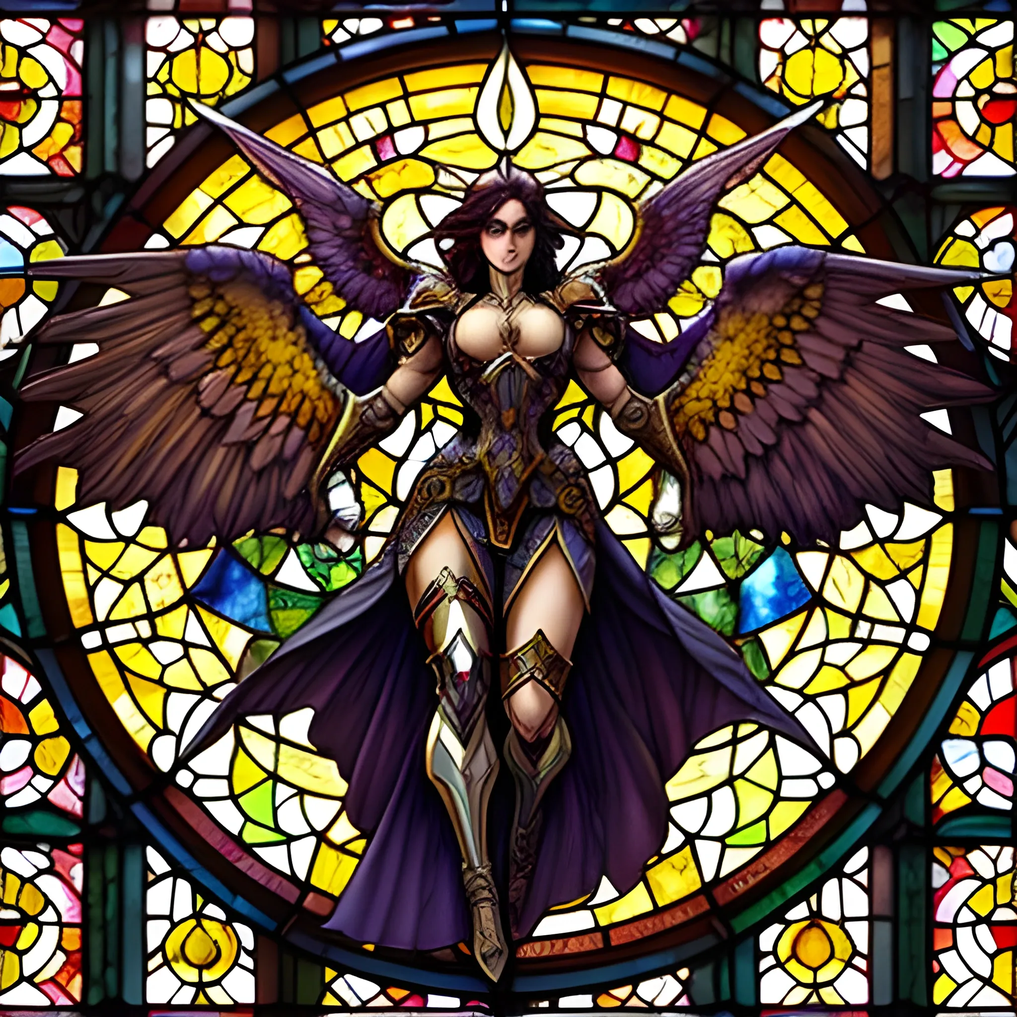 The image showcases a traditional stained glass window depicting an epic battle between an angel and a demon. The angel is portrayed with majestic, feathered wings and a halo, symbolizing purity and divinity. In contrast, the demon is characterized by dark, bat-like wings and a menacing stance, representing darkness and malevolence. They are engaged in a dramatic sword fight, at the center of which is a bright burst of light, possibly indicating the clashing of their weapons.The stained glass window is intricately detailed, with a rich palette of colors. The upper portion of the window displays symmetrical designs with a variety of vibrant colors that resemble flames, suggesting the intensity of the heavenly battle. Below the figures, the chaos of battle continues with a depiction of numerous human figures engaged in their own struggle, adding to the scene's dynamic nature.The overall composition is symmetrical and balanced, with the angel and demon positioned as mirror images of each other, reinforcing the theme of the eternal struggle between good and evil. The background of the window is a complex array of cloud-like formations, providing a sense of depth and movement to the celestial scene above.The lower part of the window serves as a narrative foundation, grounding the heavenly conflict in the mortal realm, perhaps implying that the outcomes of such cosmic battles have direct consequences on the human condition. The craftsmanship of the stained glass, with its leaded divisions and varying textures and hues, contributes to a sense of grandeur and historical significance. extremely psychedelic macro, dof, lsd, microscopic, diffuse lighting, fantasy, intricate, elegant, highly detailed, organic, photorealistic, digital painting, artstation, illustration, concept art, smooth, sharp focus, art by john collier and albert aublet and krenz cushart and artem demura and mucha