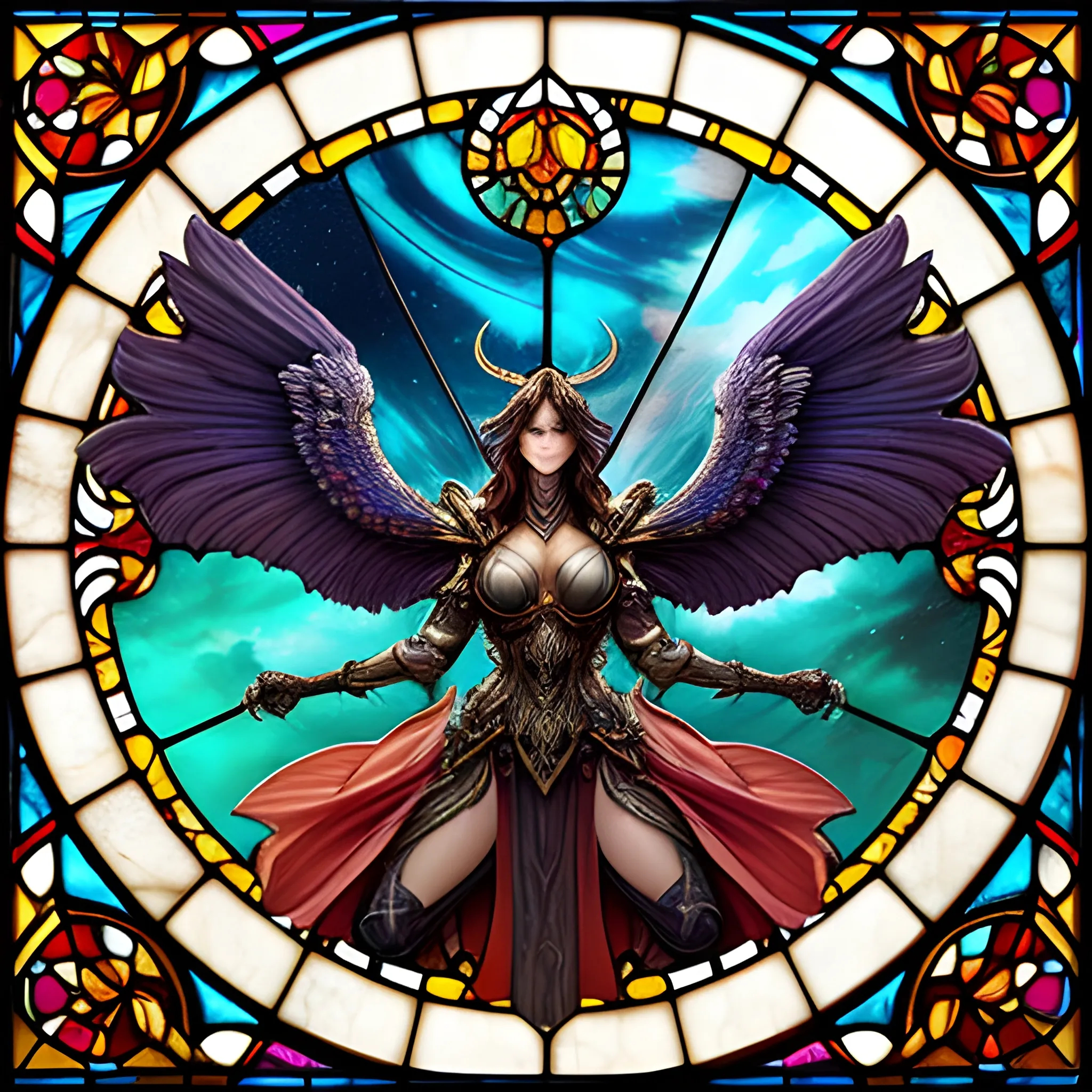 The image showcases a traditional stained glass window depicting an epic battle between an angel and a demon. The angel is portrayed with majestic, feathered wings and a halo, symbolizing purity and divinity. In contrast, the demon is characterized by dark, bat-like wings and a menacing stance, representing darkness and malevolence. They are engaged in a dramatic sword fight, at the center of which is a bright burst of light, possibly indicating the clashing of their weapons.The stained glass window is intricately detailed, with a rich palette of colors. The upper portion of the window displays symmetrical designs with a variety of vibrant colors that resemble flames, suggesting the intensity of the heavenly battle. Below the figures, the chaos of battle continues with a depiction of numerous human figures engaged in their own struggle, adding to the scene's dynamic nature.The overall composition is symmetrical and balanced, with the angel and demon positioned as mirror images of each other, reinforcing the theme of the eternal struggle between good and evil. The background of the window is a complex array of cloud-like formations, providing a sense of depth and movement to the celestial scene above.The lower part of the window serves as a narrative foundation, grounding the heavenly conflict in the mortal realm, perhaps implying that the outcomes of such cosmic battles have direct consequences on the human condition. The craftsmanship of the stained glass, with its leaded divisions and varying textures and hues, contributes to a sense of grandeur and historical significance. extremely psychedelic macro, dof, lsd, microscopic, diffuse lighting, fantasy, intricate, elegant, highly detailed, organic, photorealistic, digital painting, artstation, illustration, concept art, smooth, sharp focus, art by john collier and albert aublet and krenz cushart and artem demura and mucha, 3D