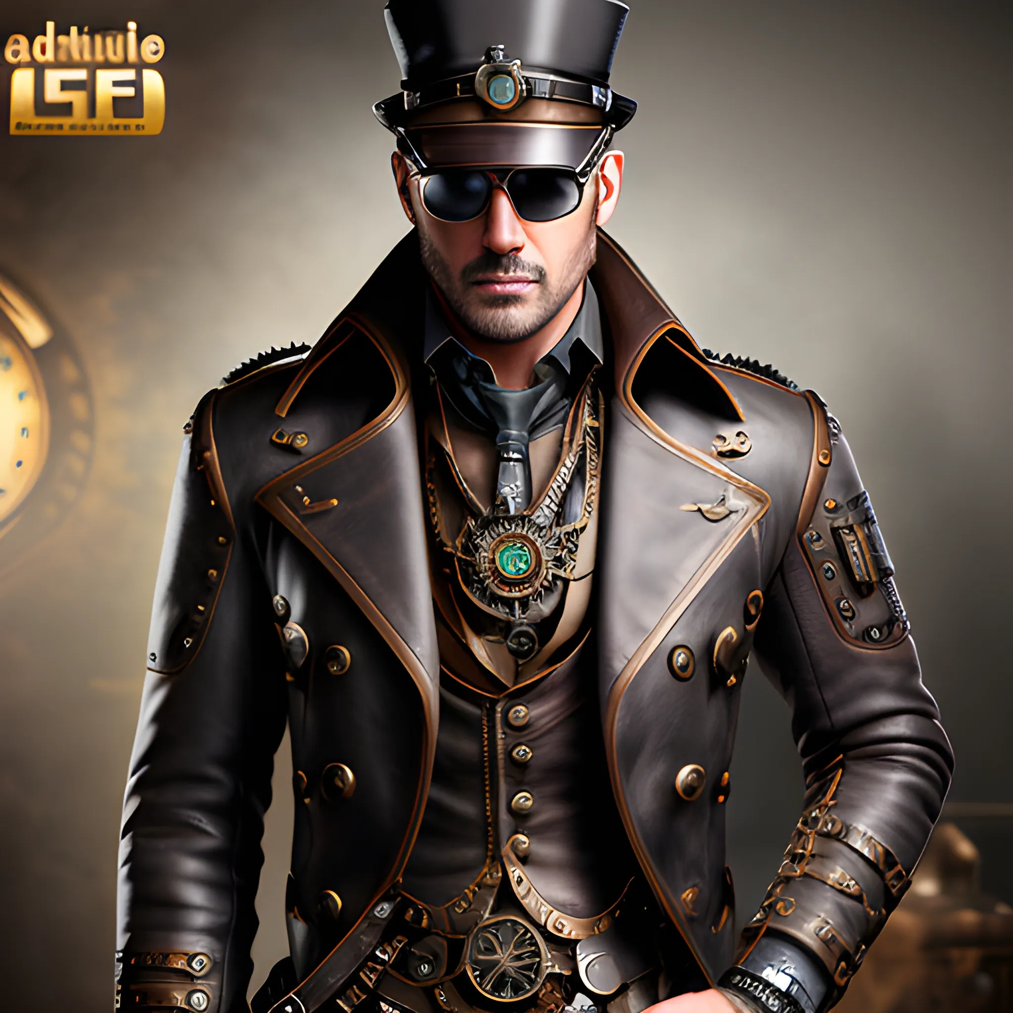 
 best quality, SFW, masterpiece, young man, ultra high res, photorealistic, detailed skin steampunk, (black steampunk aviator leather coat:5), (black steampunk aviator leather hut:5), front view, sitting