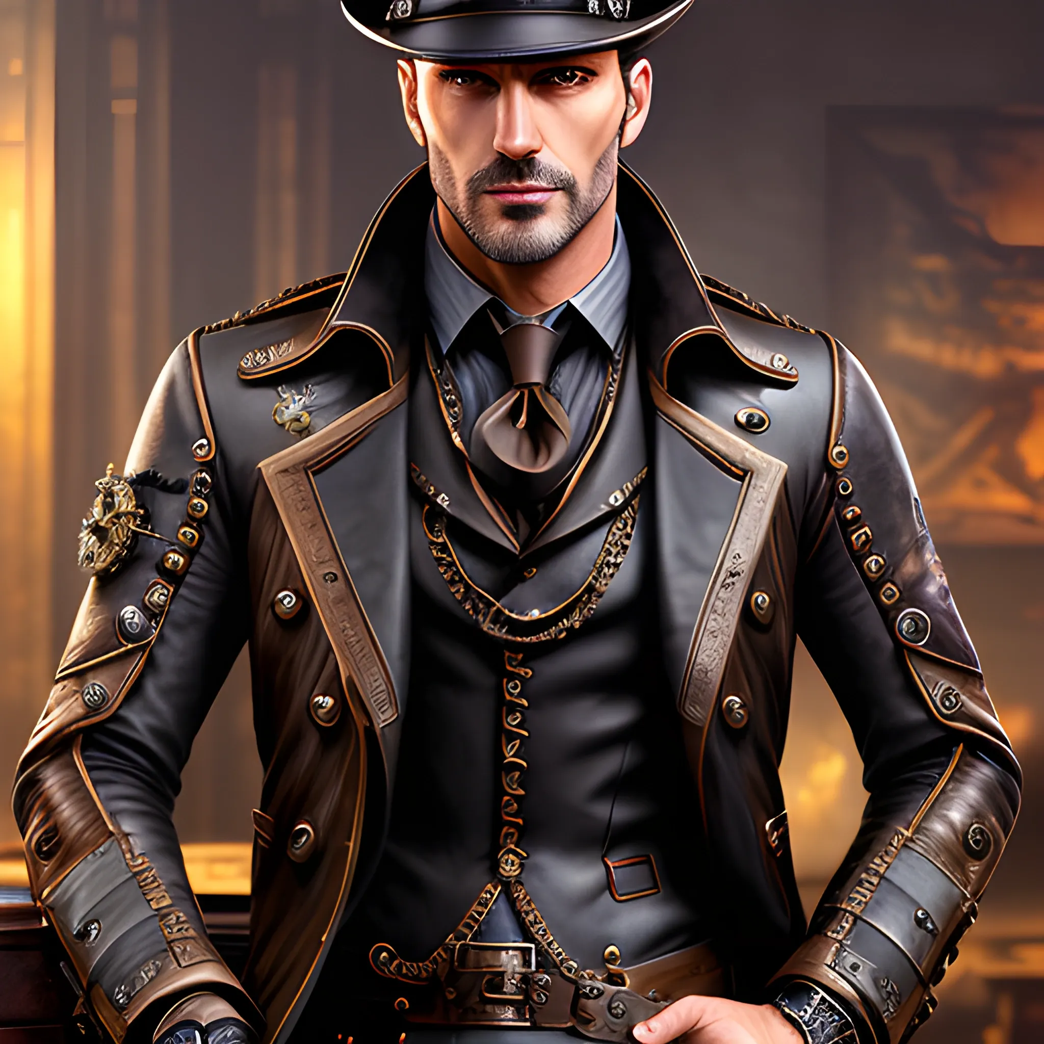 
 best quality, SFW, masterpiece, handsome handsome young man without sunglasses, ultra high res, photorealistic, detailed skin steampunk, (black steampunk aviator leather coat:5), (black steampunk aviator leather hut:5), front view, sitting