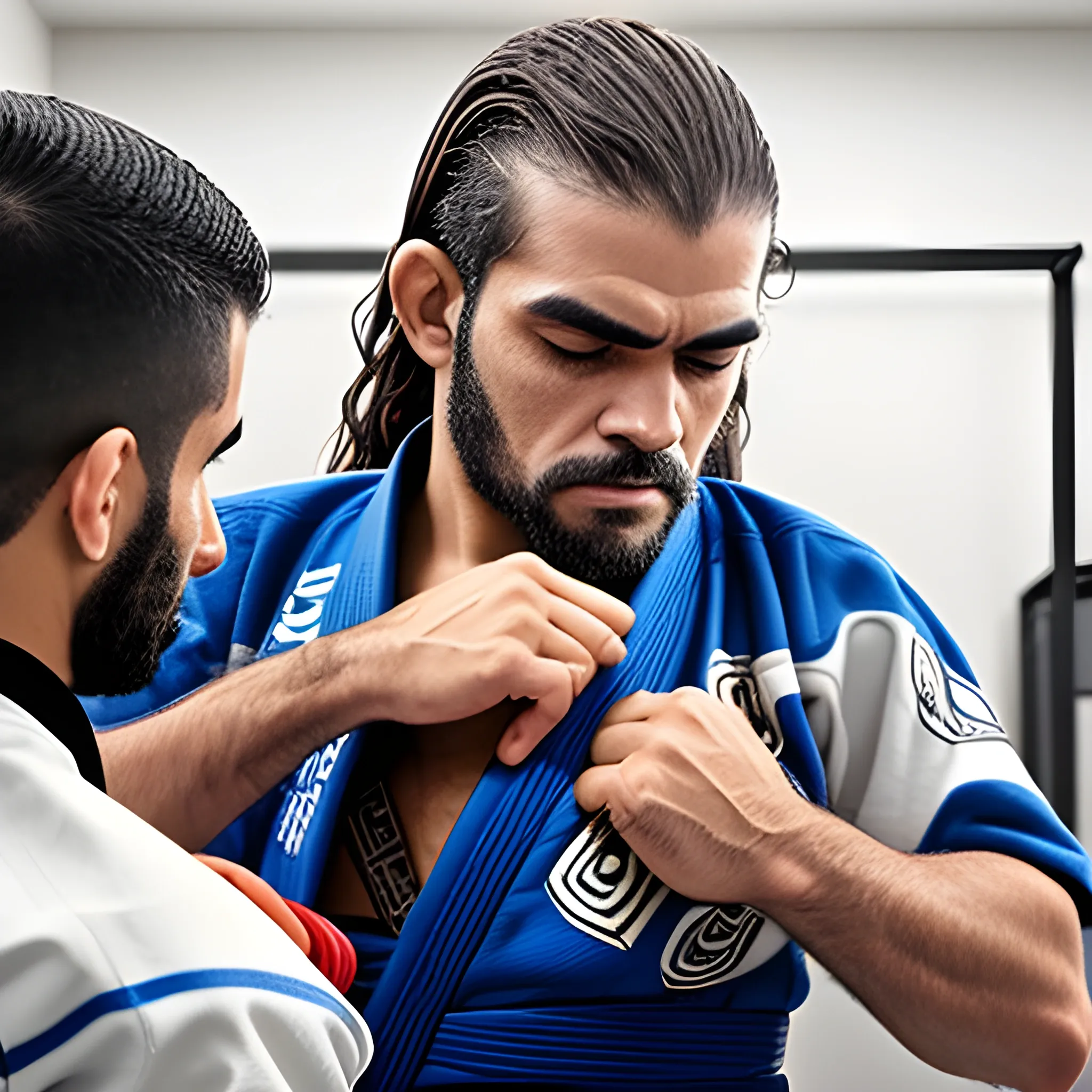 crie uma imagem de um barbeiro lutador de jiu-jitsu cortando cabelo 