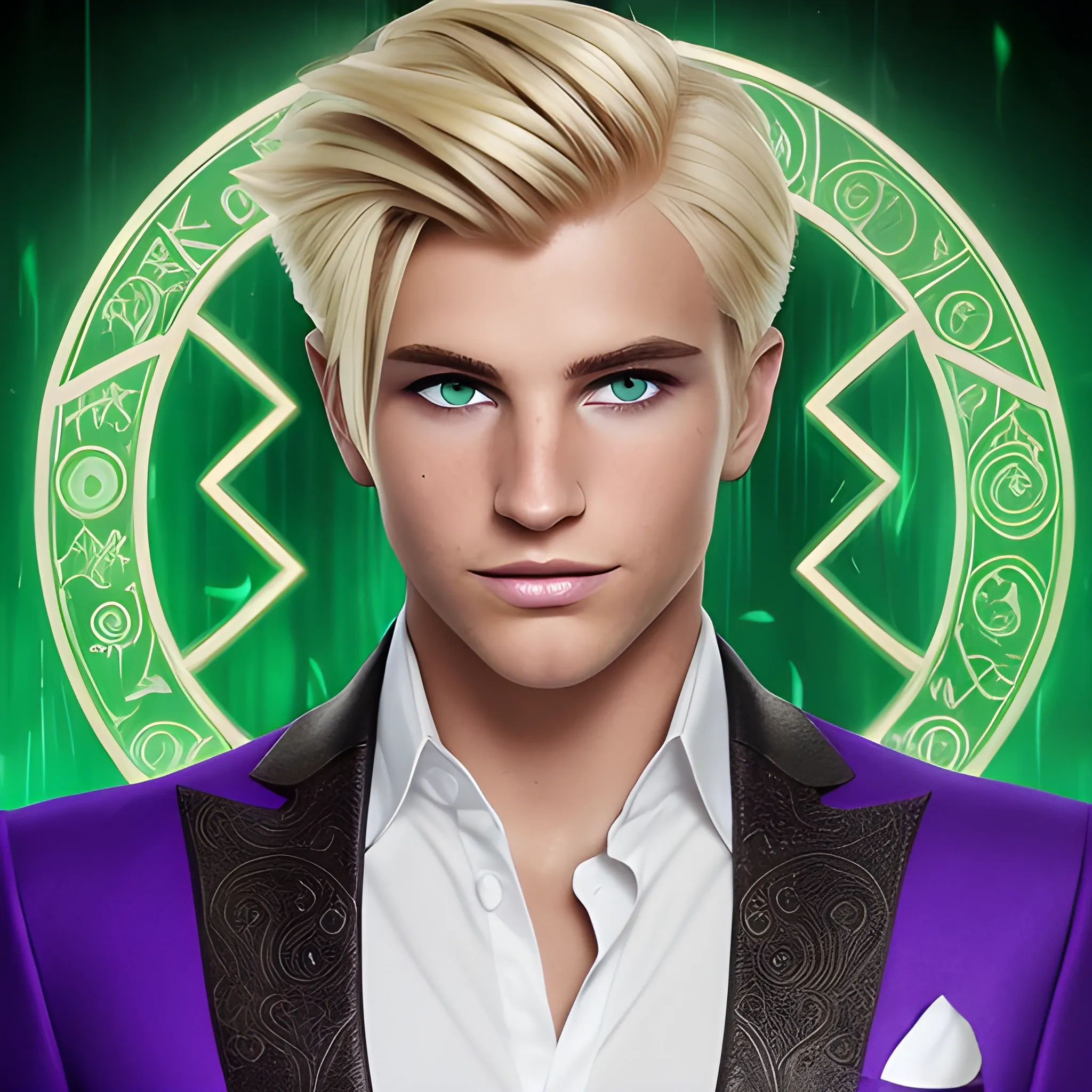 Short male with blond hair styled with a middle part, tanned skin. His eyes are emerald green, and is wearing a purple suit with white accents. He is looking at the camera. A cape that has different rune and glyphs etched into it. Each rune seems to glow softly.
Fantasy