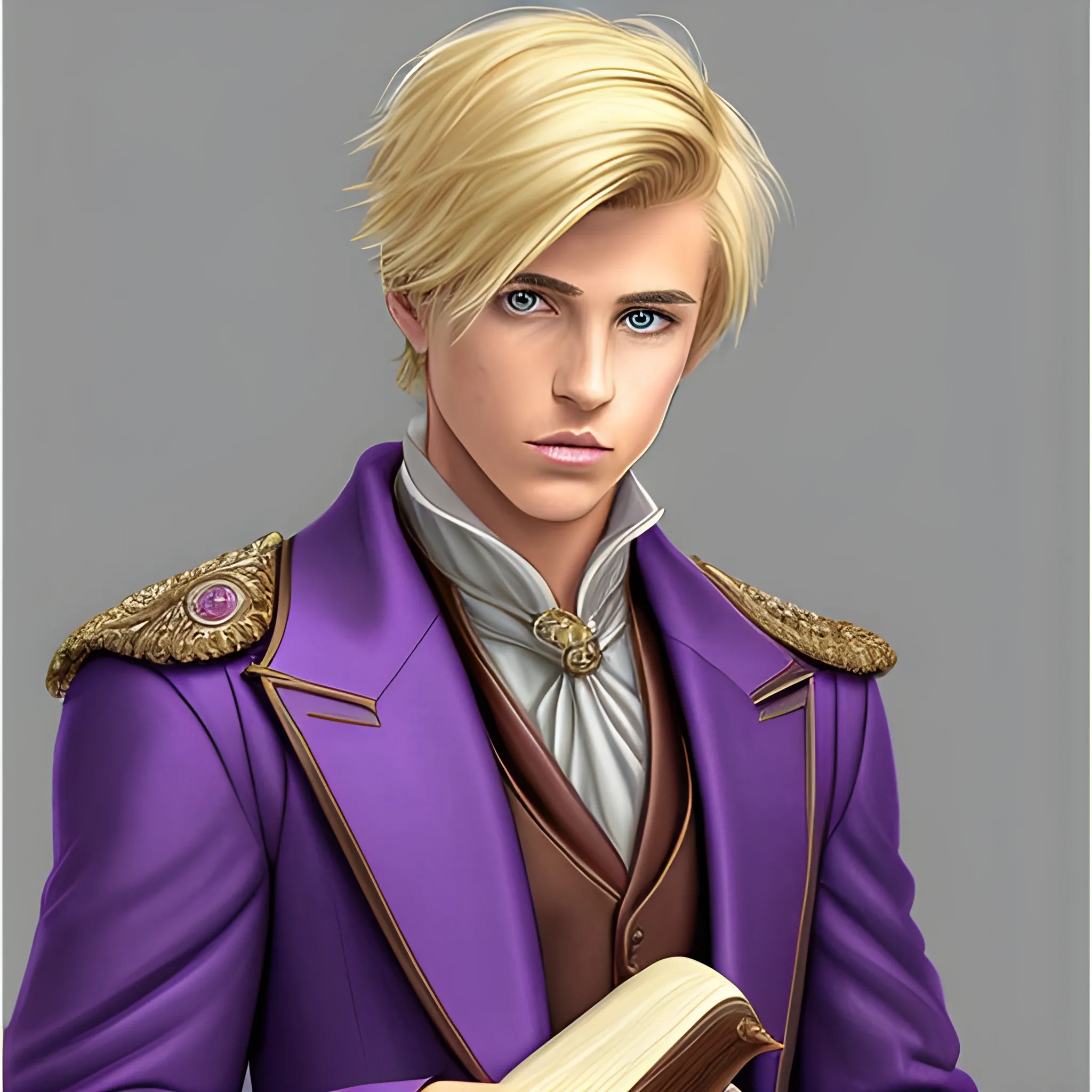 Short male with blond hair styled with a middle part, tanned skin. He is looking at the camera wearing a purple tailored suit. The suit has a white cloak which goes down to the back of his knees. The suit and cloak have markings and etchings in them, he is holding a leather bound book and pen.
Fantasy realism style