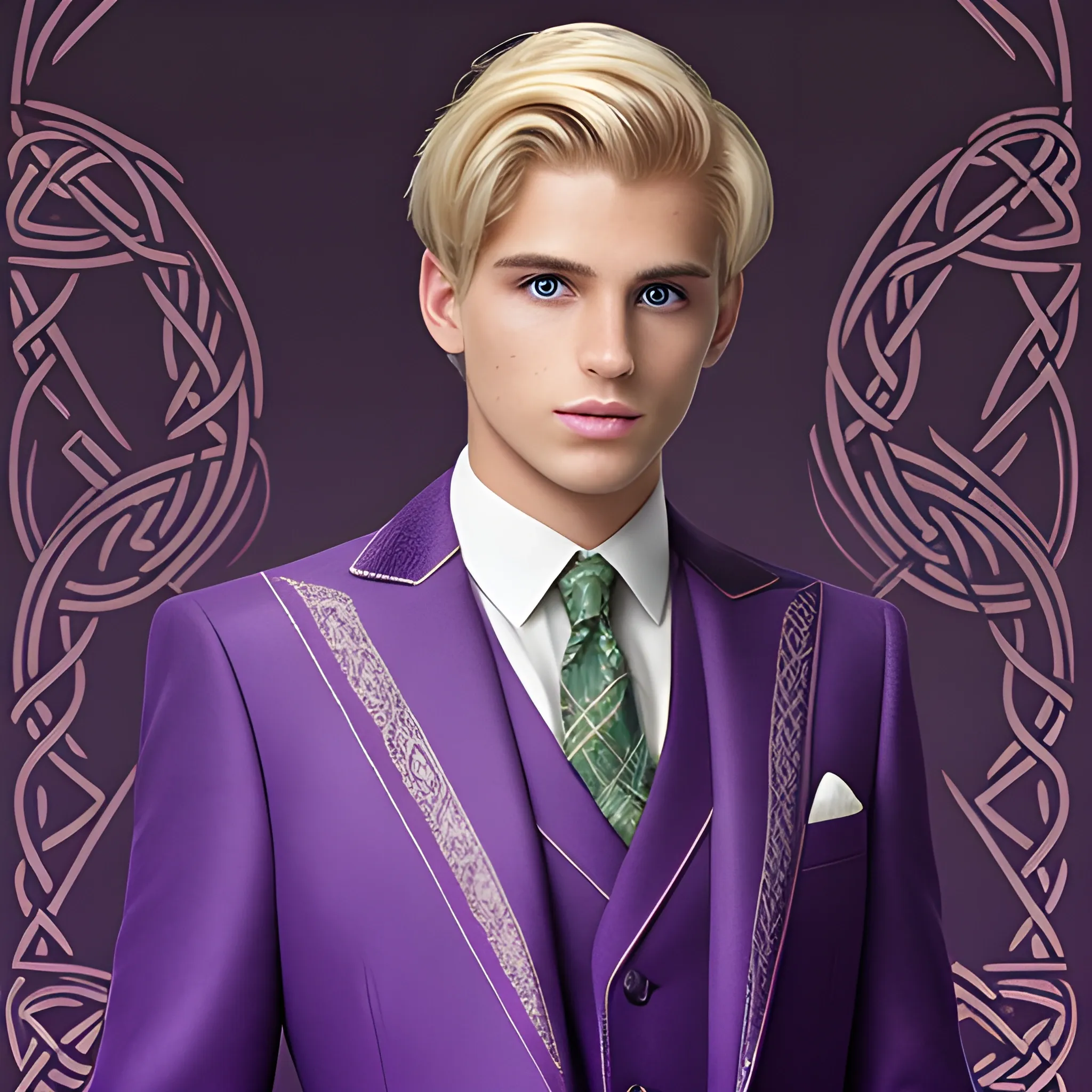 Short male with blond hair styled with a middle part, tanned skin. He is looking at the camera wearing a purple suit. 
Attached to the suit is a cloak which has a Celtic pattern on it.
Fantasy