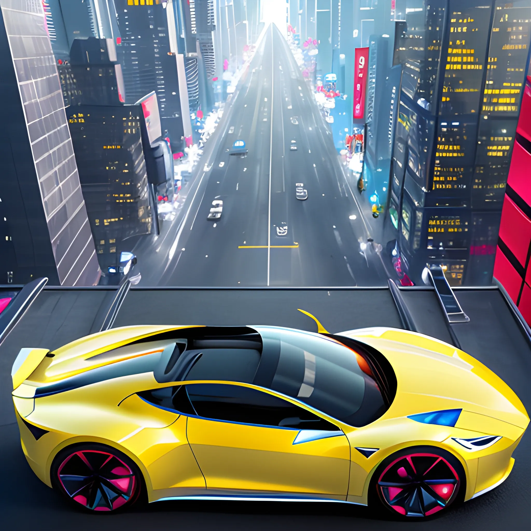 mirror's edge, yellow tesla concept car, car design, photography, automotive design, downtown, top view, 4k, concept, future, colorful, neon, fantasy, dramatic lighting, hyper detailed, hyper realistic detailed, white clean city,