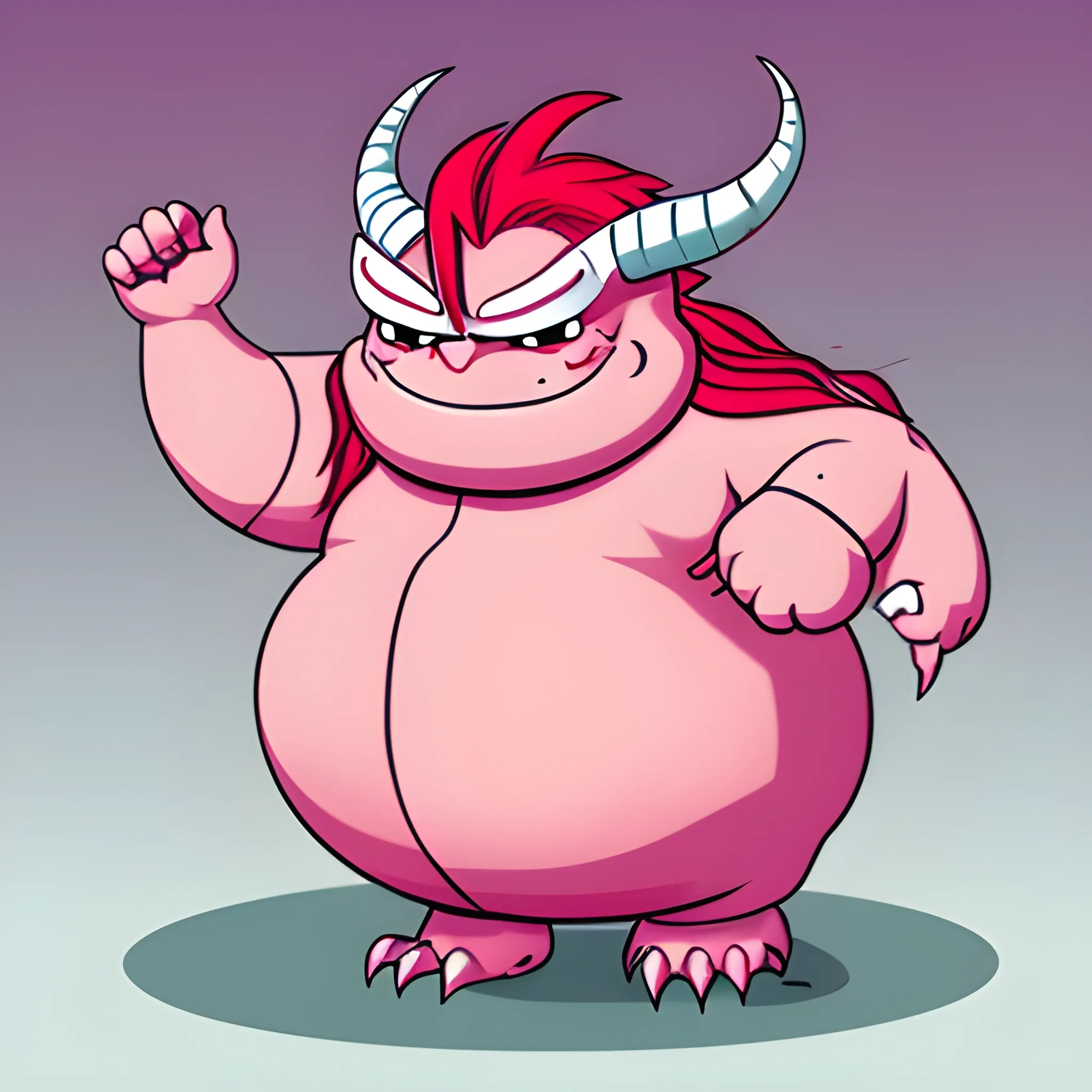 fat pink anthropomorphic dragon with long red hair, with curved horns and groomed claws , Cartoon