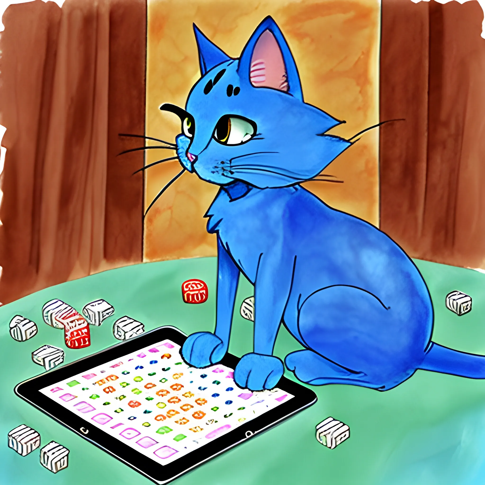 blue cat playing bingo on his tablet
, Cartoon, Water Color