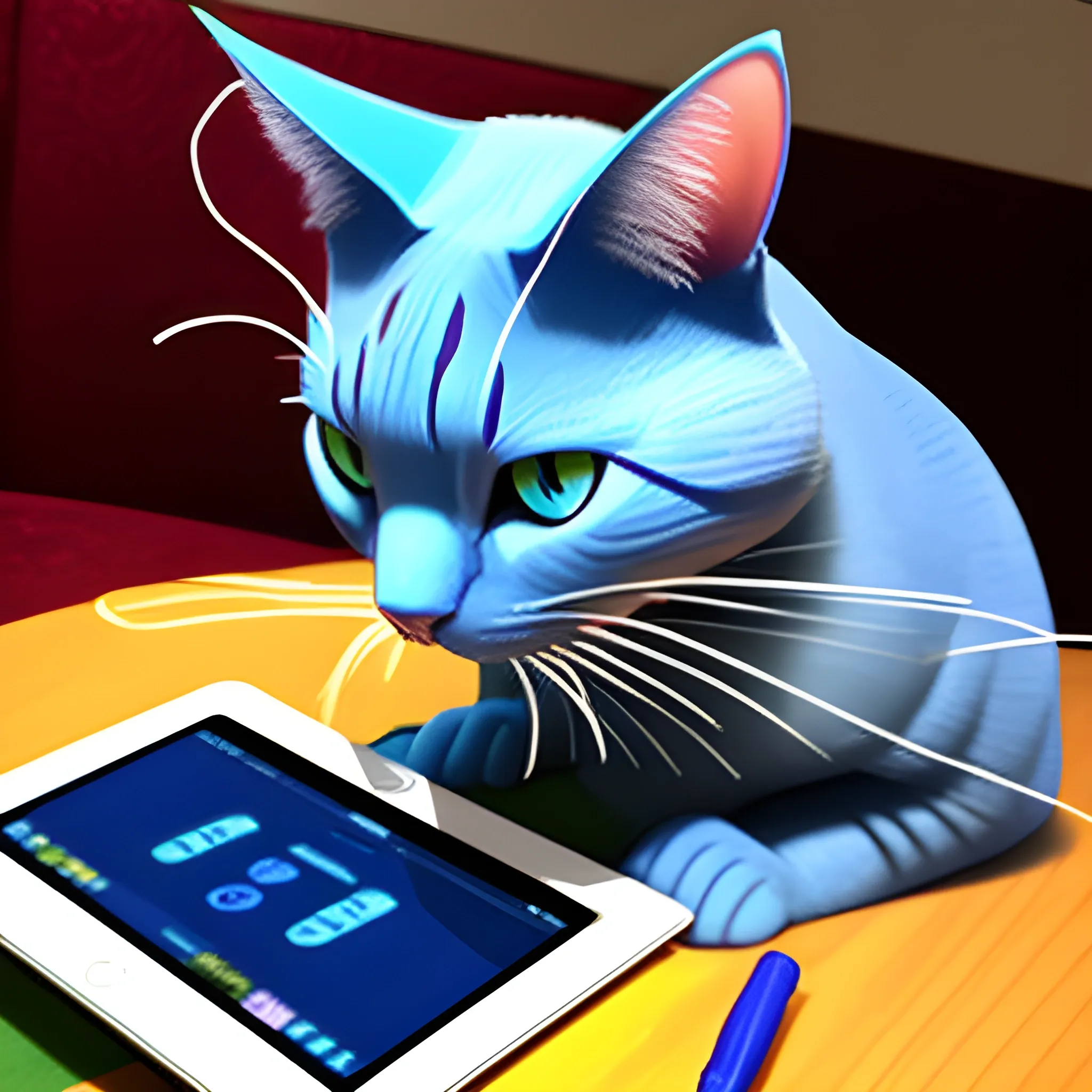 blue cat playing bingo on his tablet, Trippy