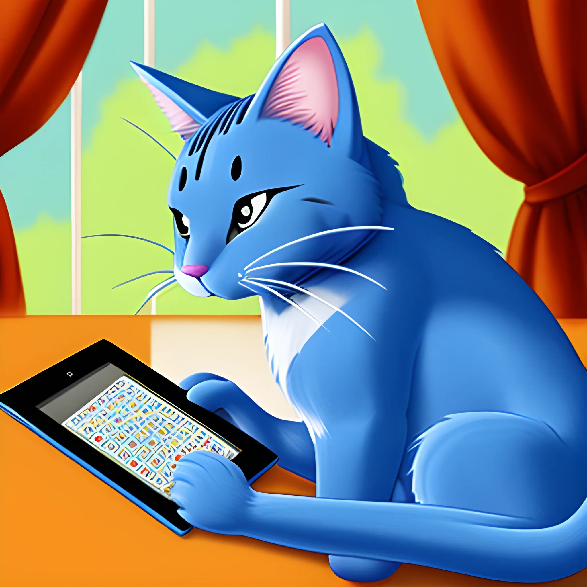 blue cat playing bingo on his tablet, , Cartoon