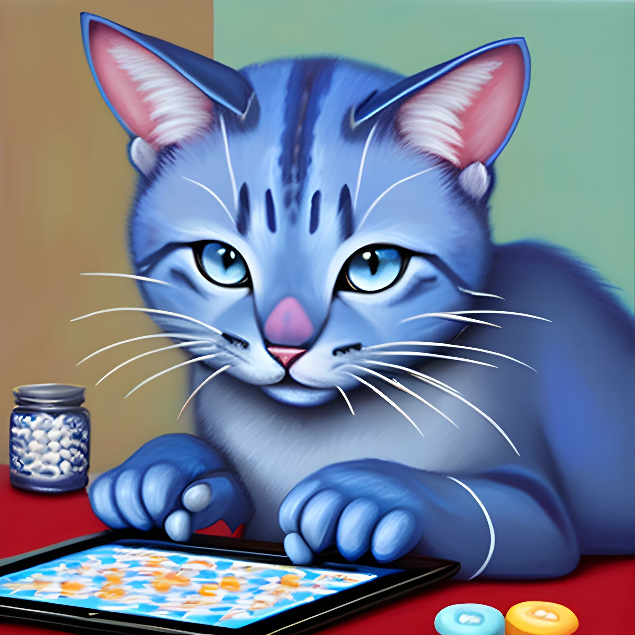 blue cat playing bingo on his tablet, , , Oil Painting