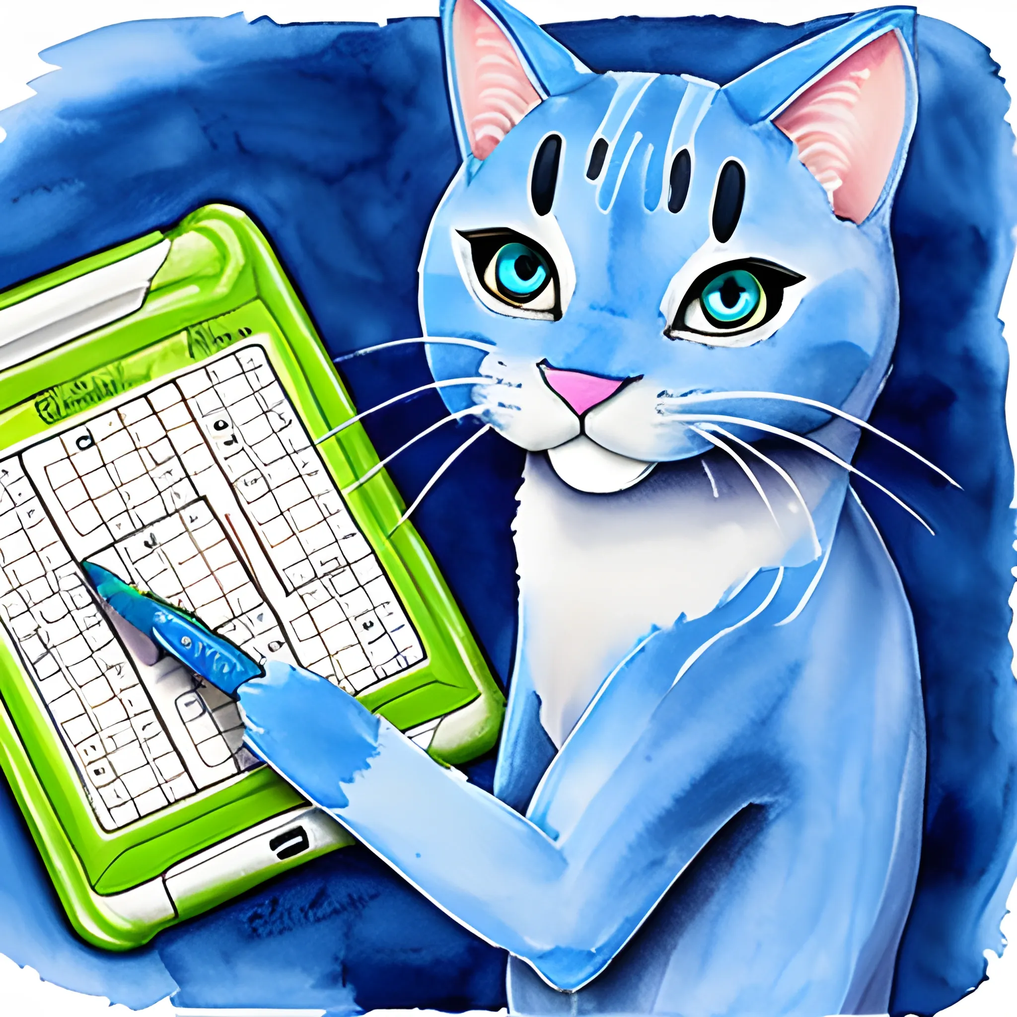 blue cat playing bingo on his tablet,, , Water Color