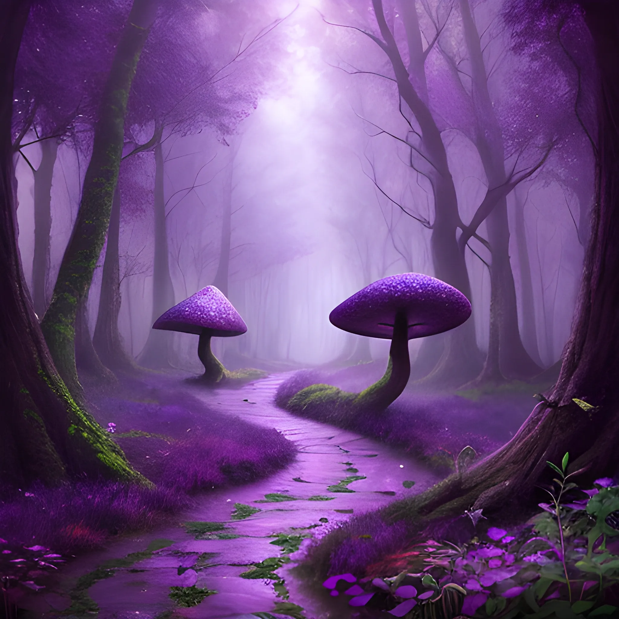 mythical forest, atmospheric, purple, fairies, toadstools
