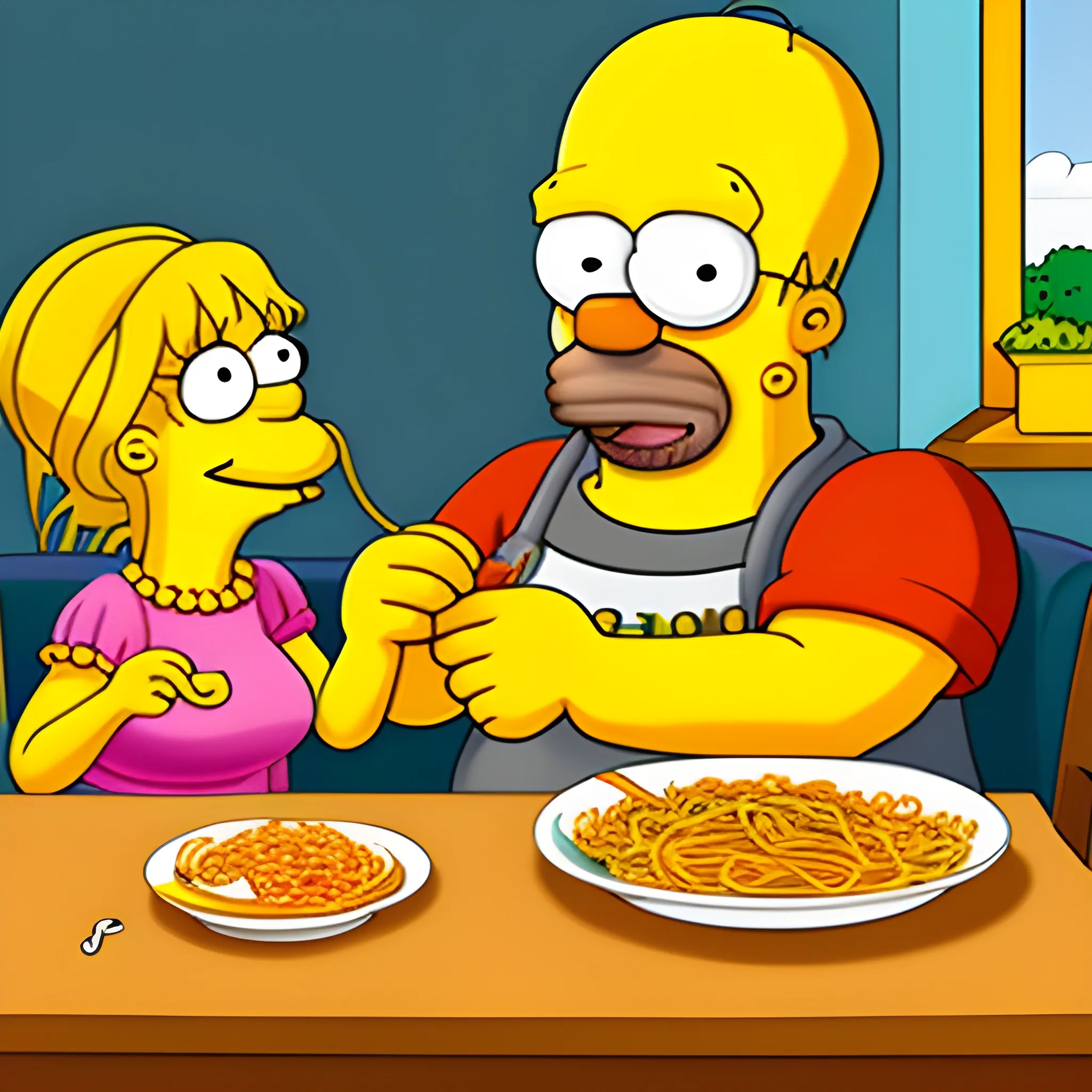 Shakira con Homero Simpson comiendo pasta 