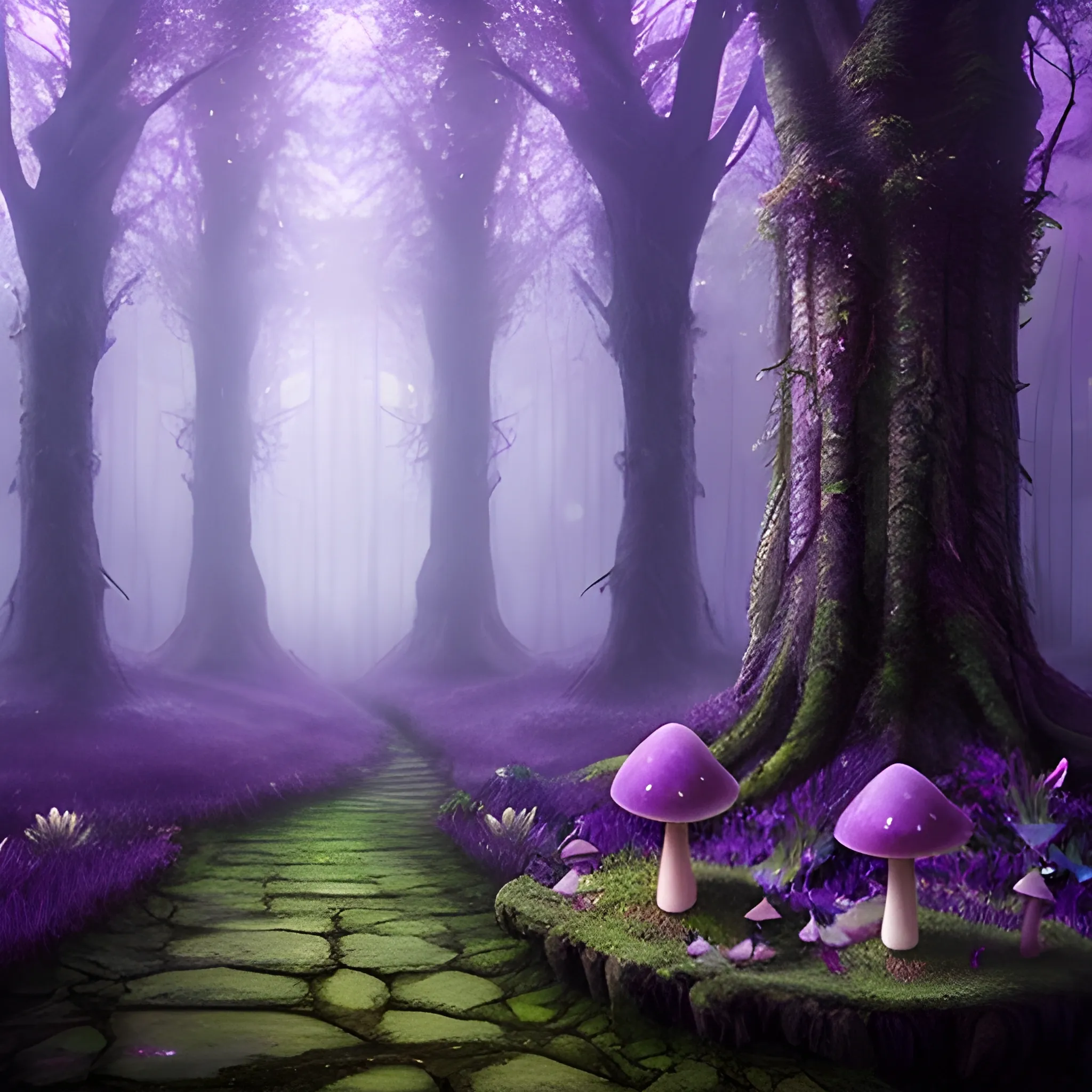 mythical forest, atmospheric, purple, fairy, toadstools
