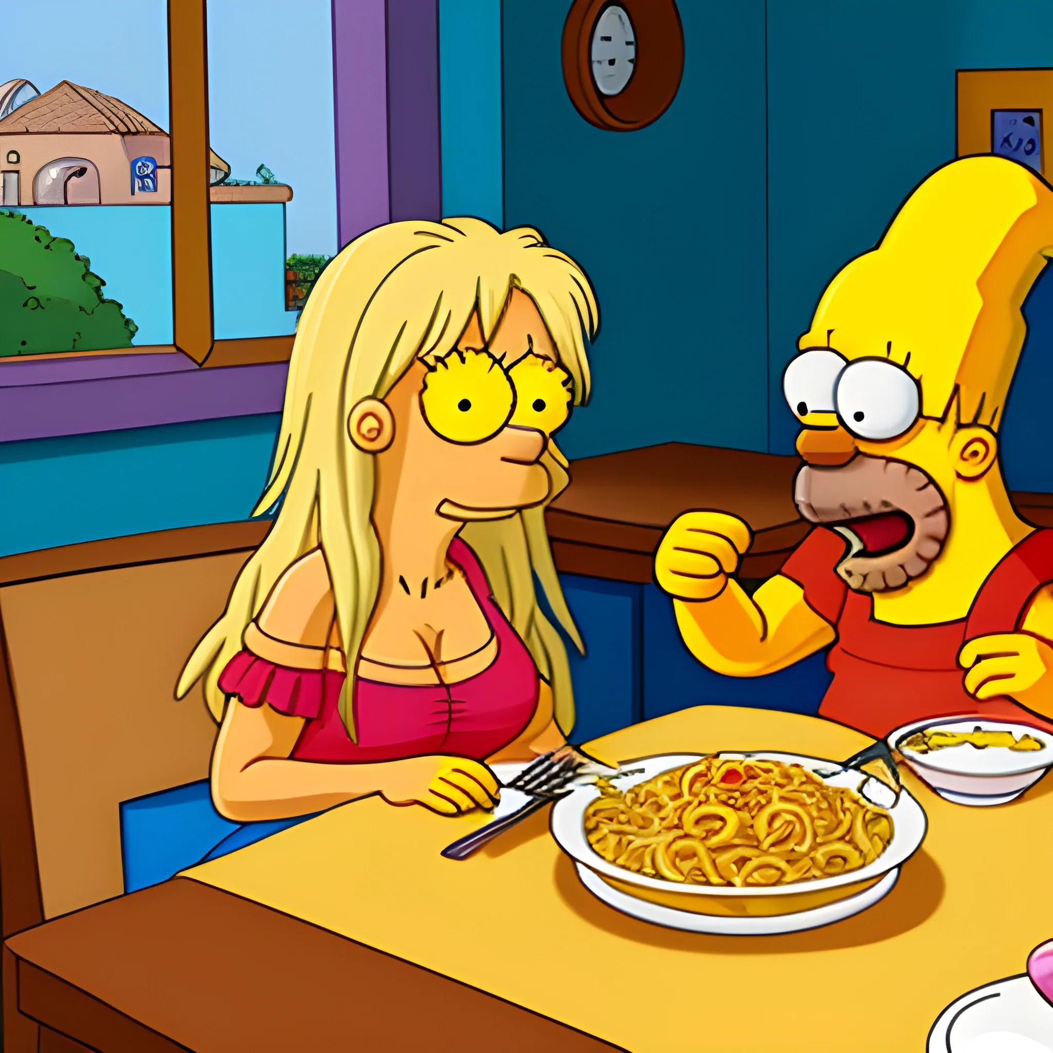 Shakira con Homero Simpson comiendo pasta 